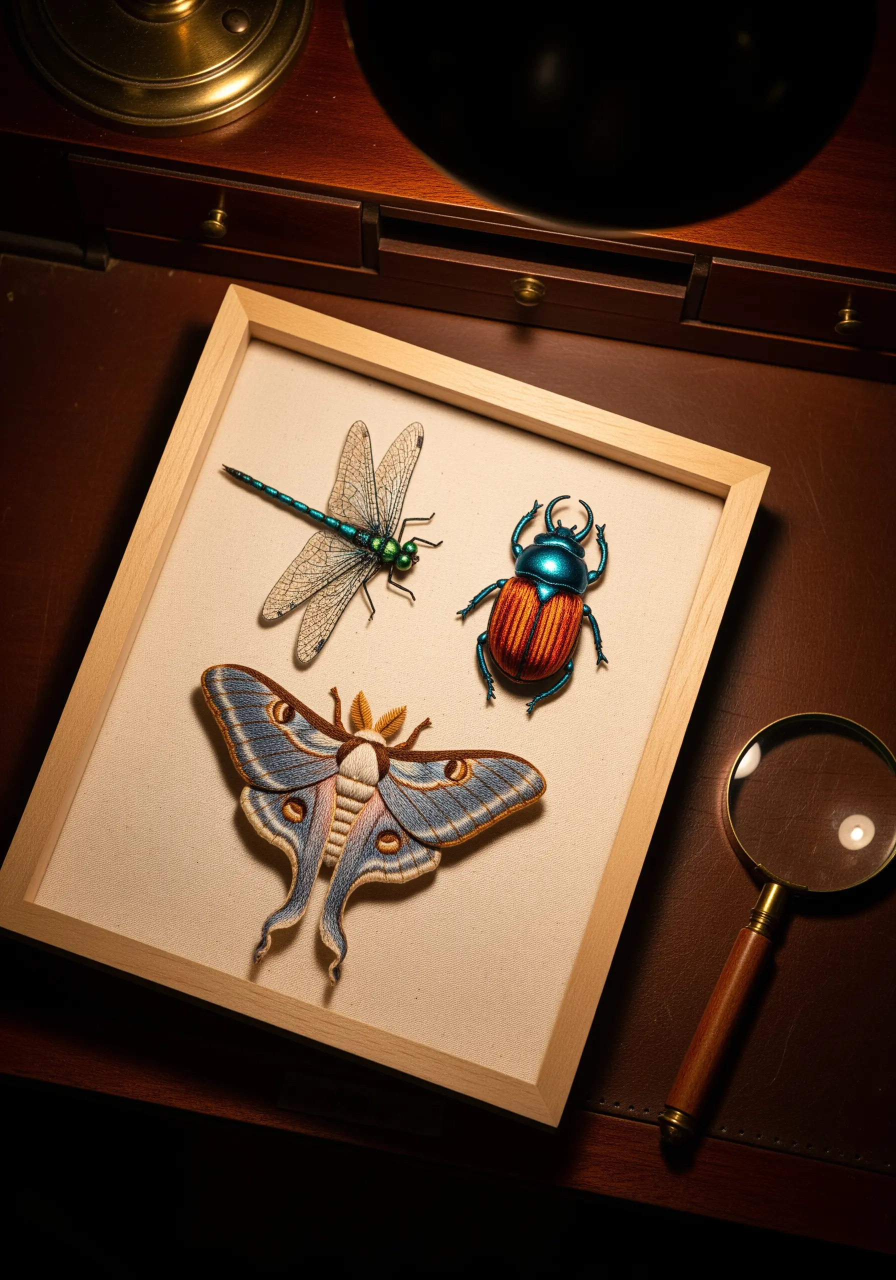 Realistic 3D embroidered insects—moth, beetle, dragonfly—in a shadow box frame.