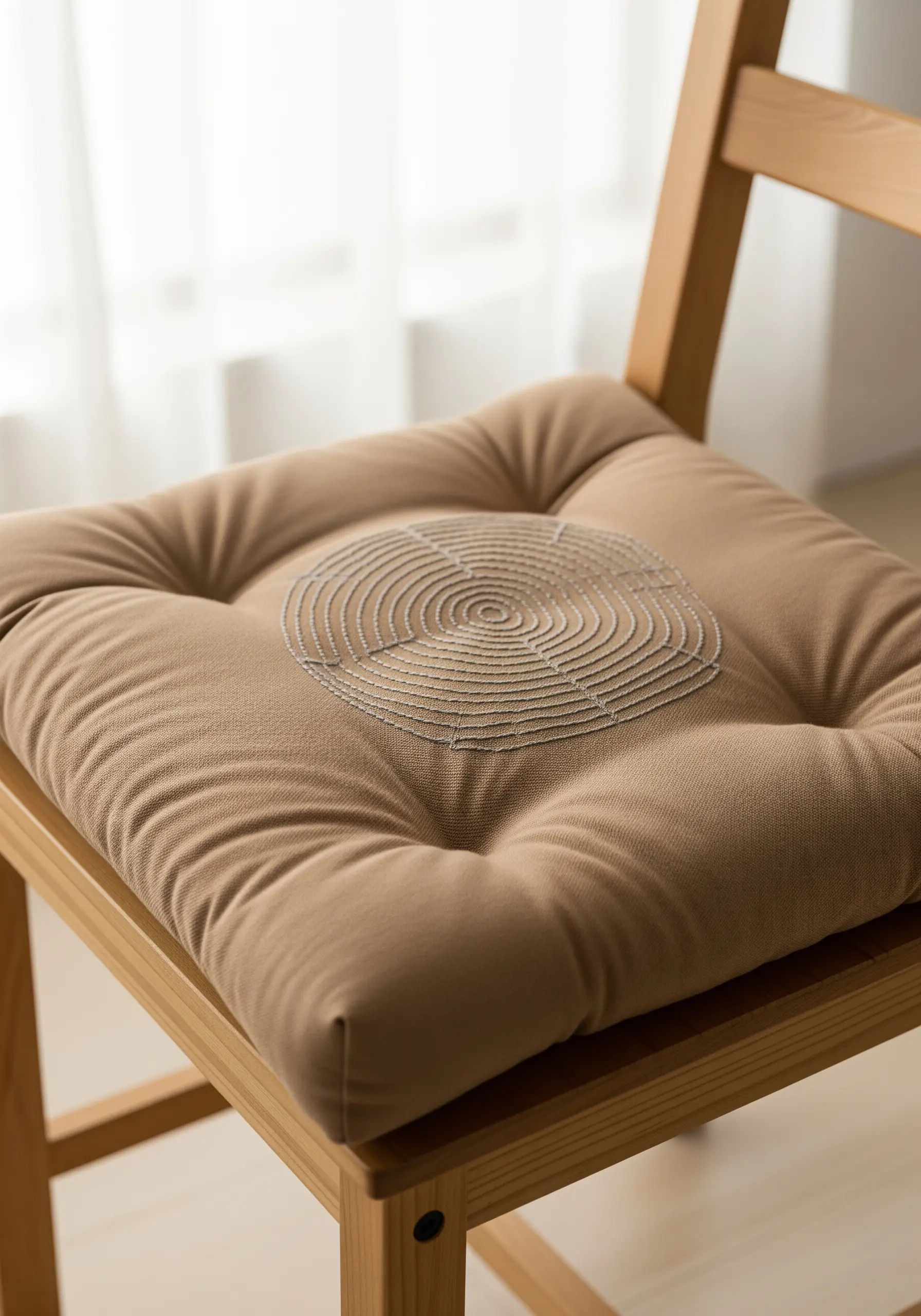 A tufted brown chair cushion with a tone-on-tone embroidered spiral in the center
