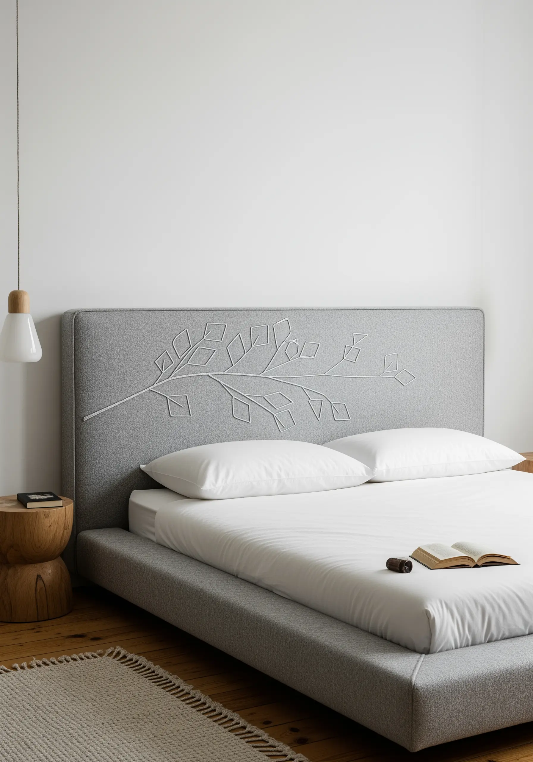 A geometric branch design stitched in light gray thread on a gray upholstered headboard.
