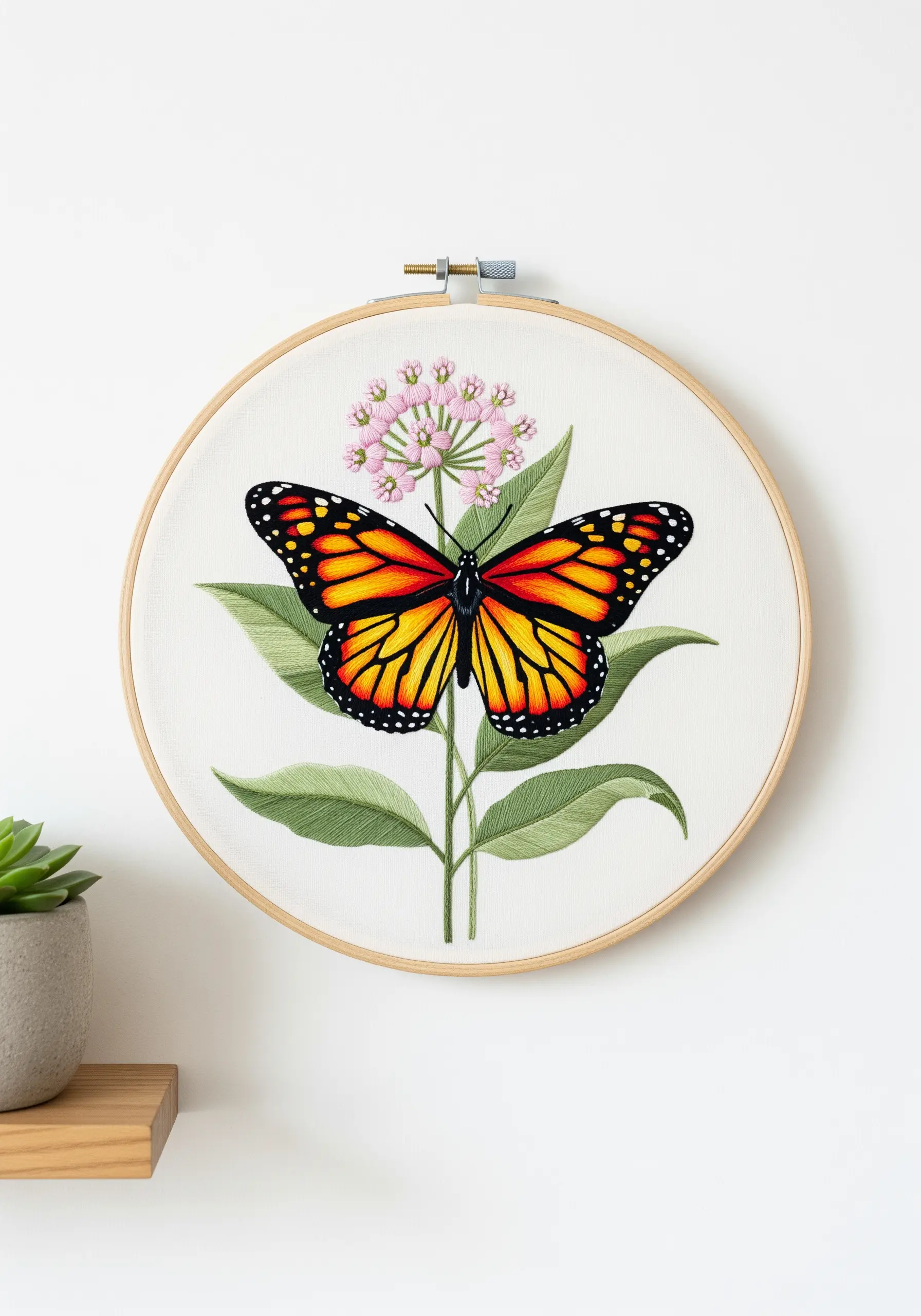Monarch butterfly embroidery with smooth orange and yellow wing gradients in a wooden hoop.
