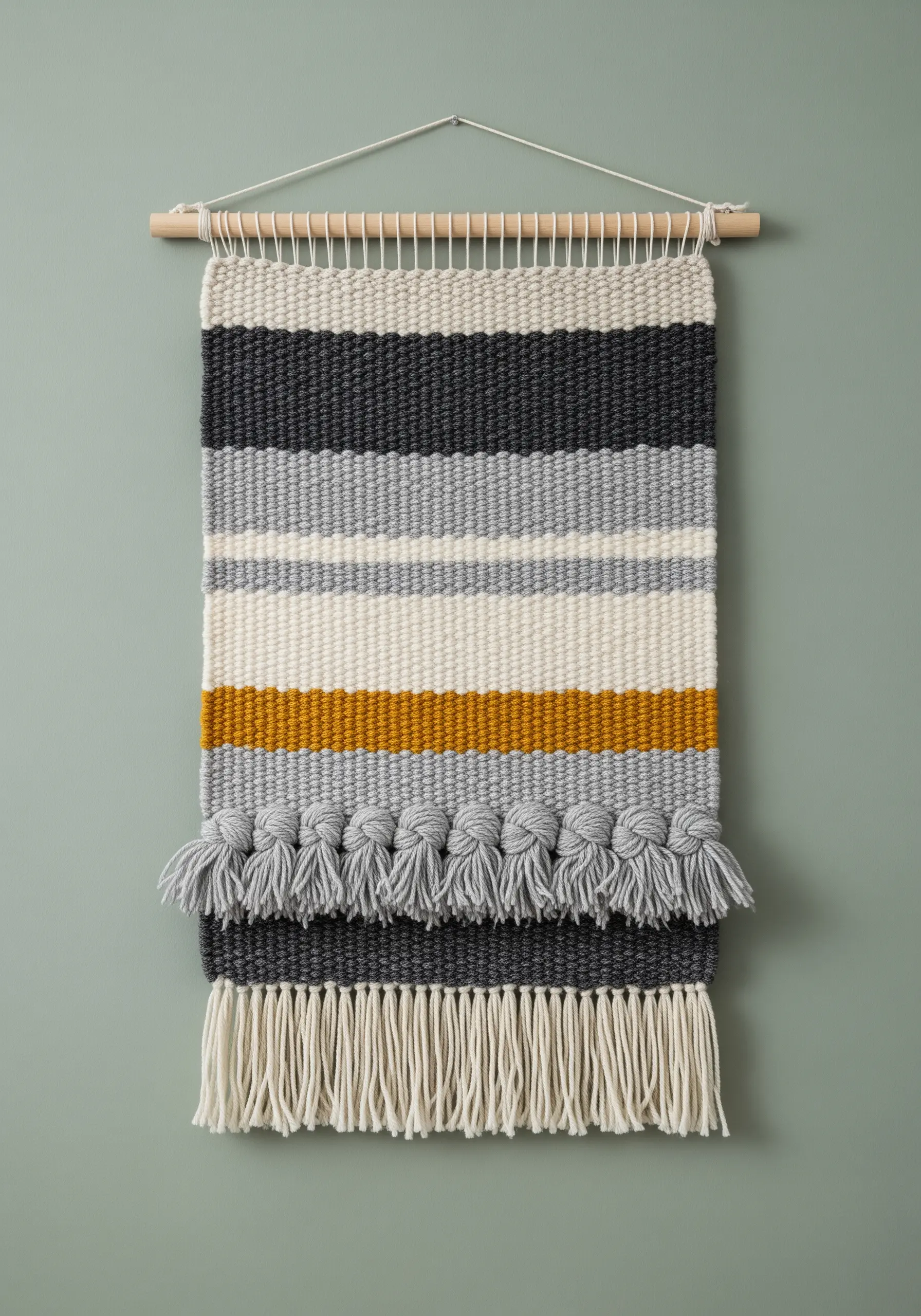 Woven wall hanging with clean stripes in charcoal, grey, white, and mustard yellow.