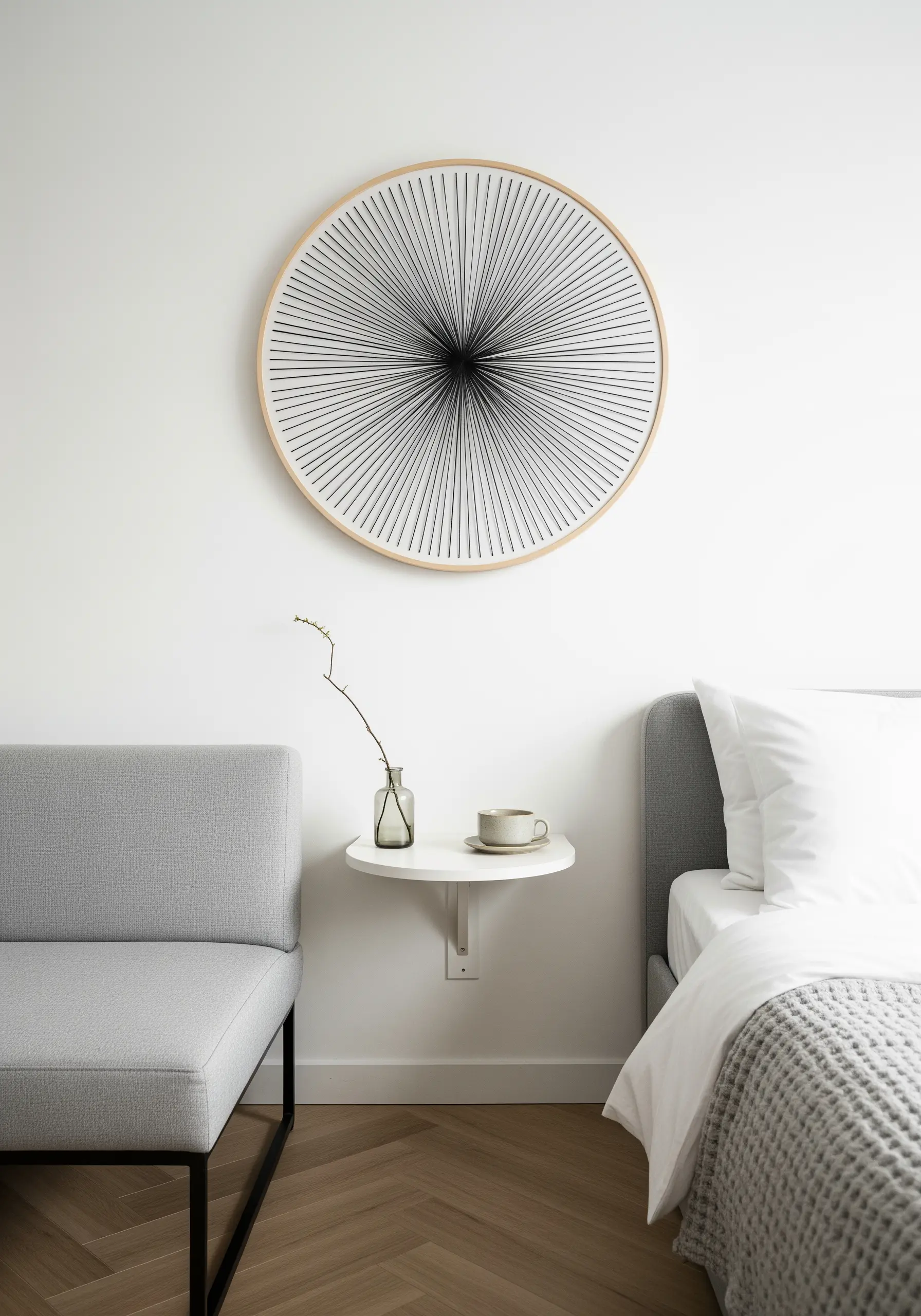 A large round hoop with black thread radiating from a central point, creating a starburst.