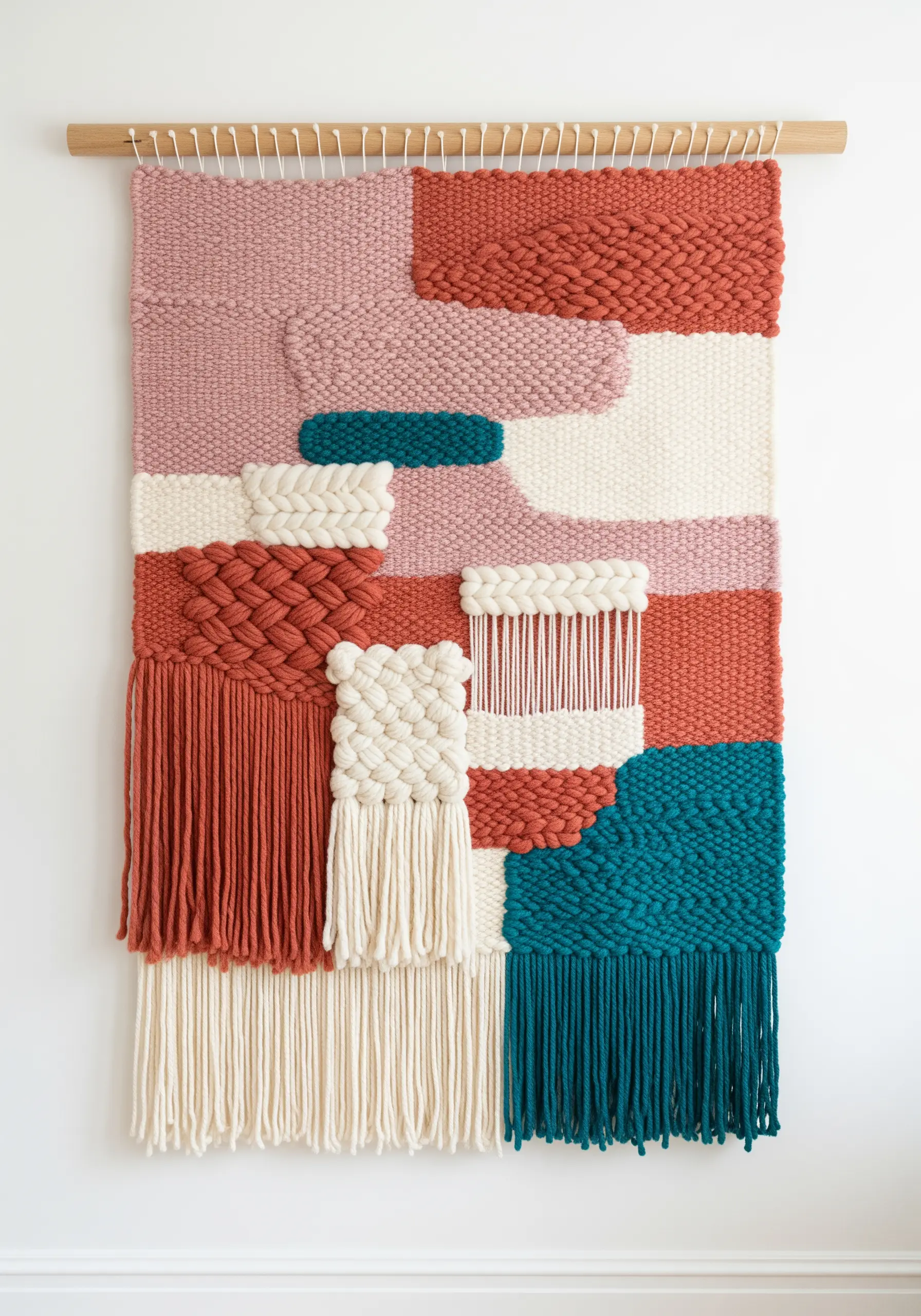 Woven wall hanging with blocks of pink, rust, and teal yarn in different textures