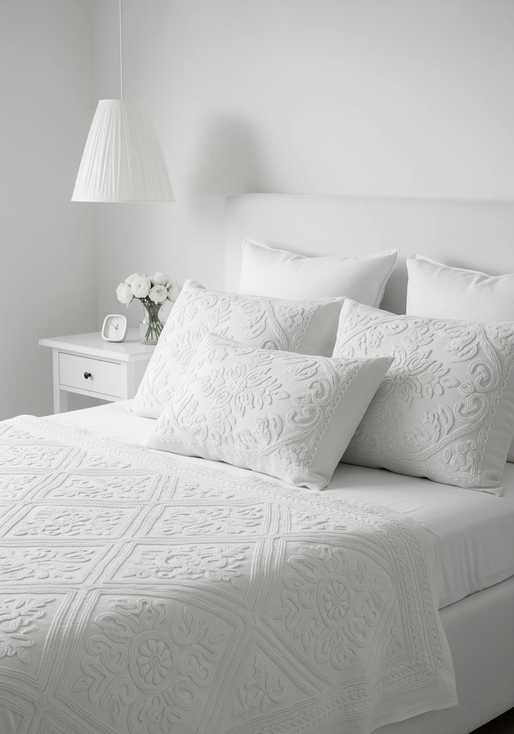 Intricate white-on-white floral and scrollwork embroidery covering an entire pillow sham.