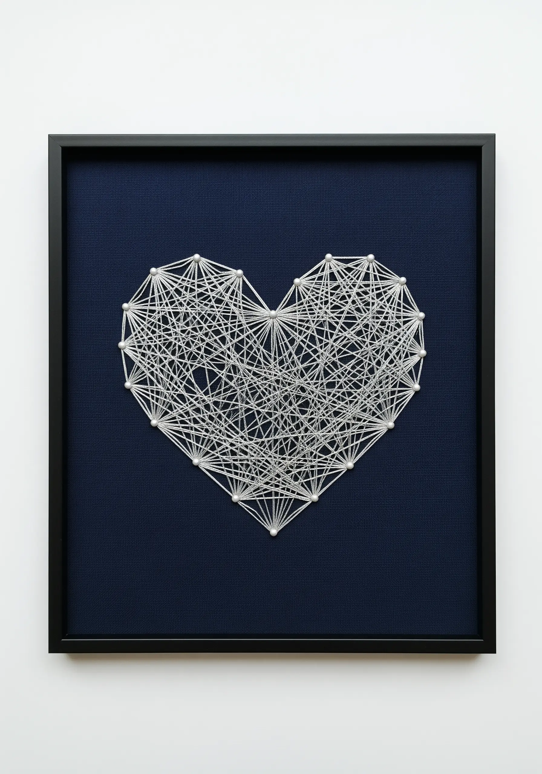 Framed string art heart with white thread on a dark navy background in a complex web pattern.