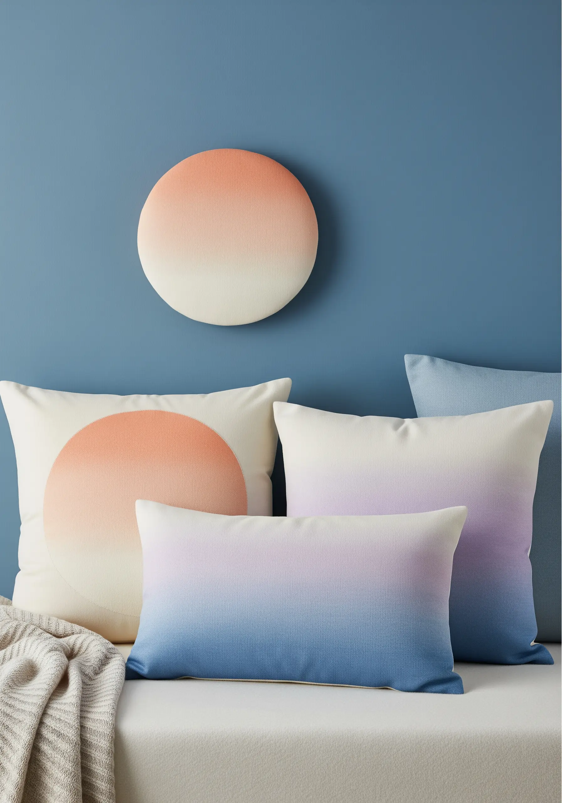 A collection of pillows and a circular wall art piece with soft, airbrushed-style gradients.