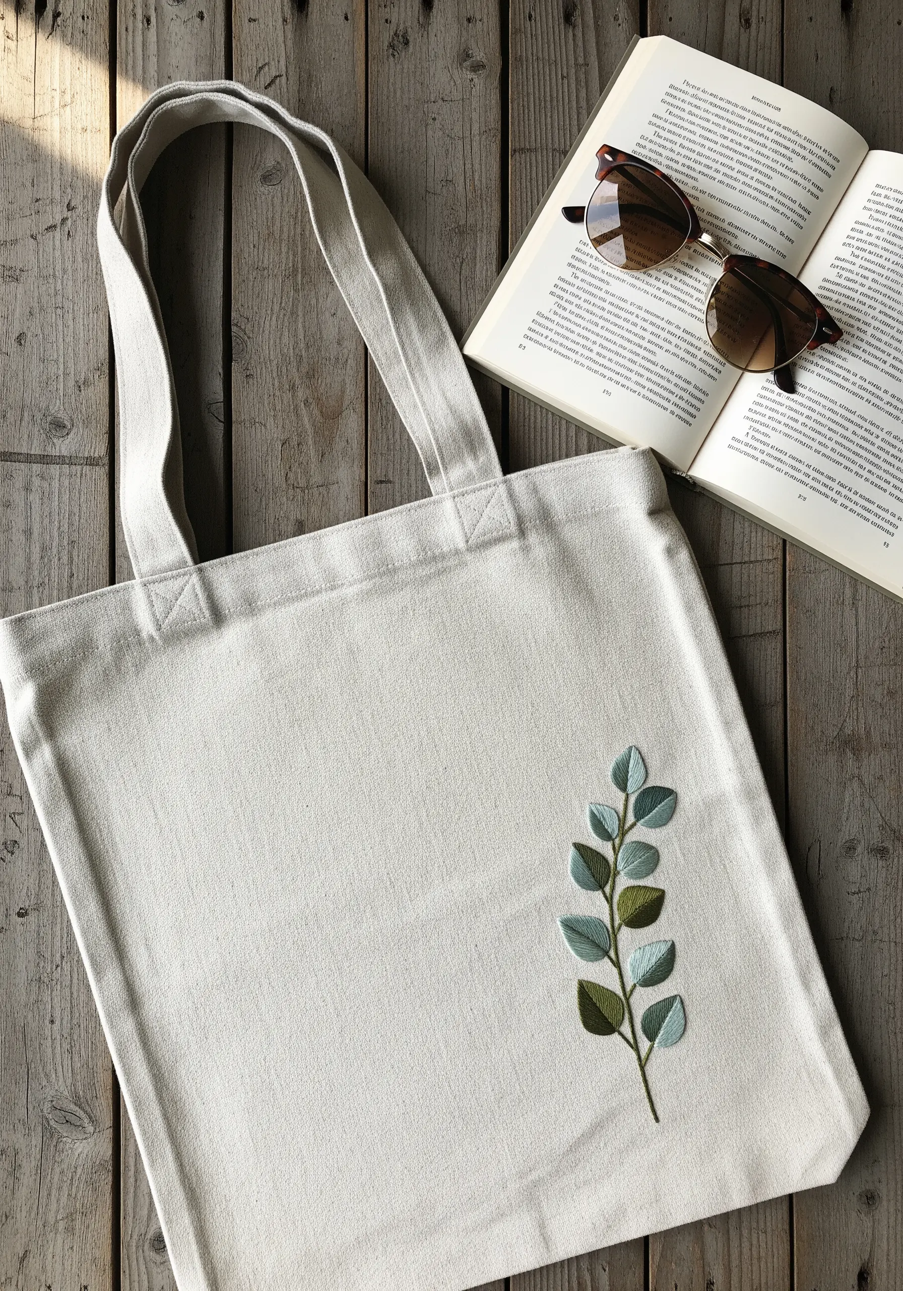 Eucalyptus branch with satin-stitched leaves embroidered on a canvas tote bag