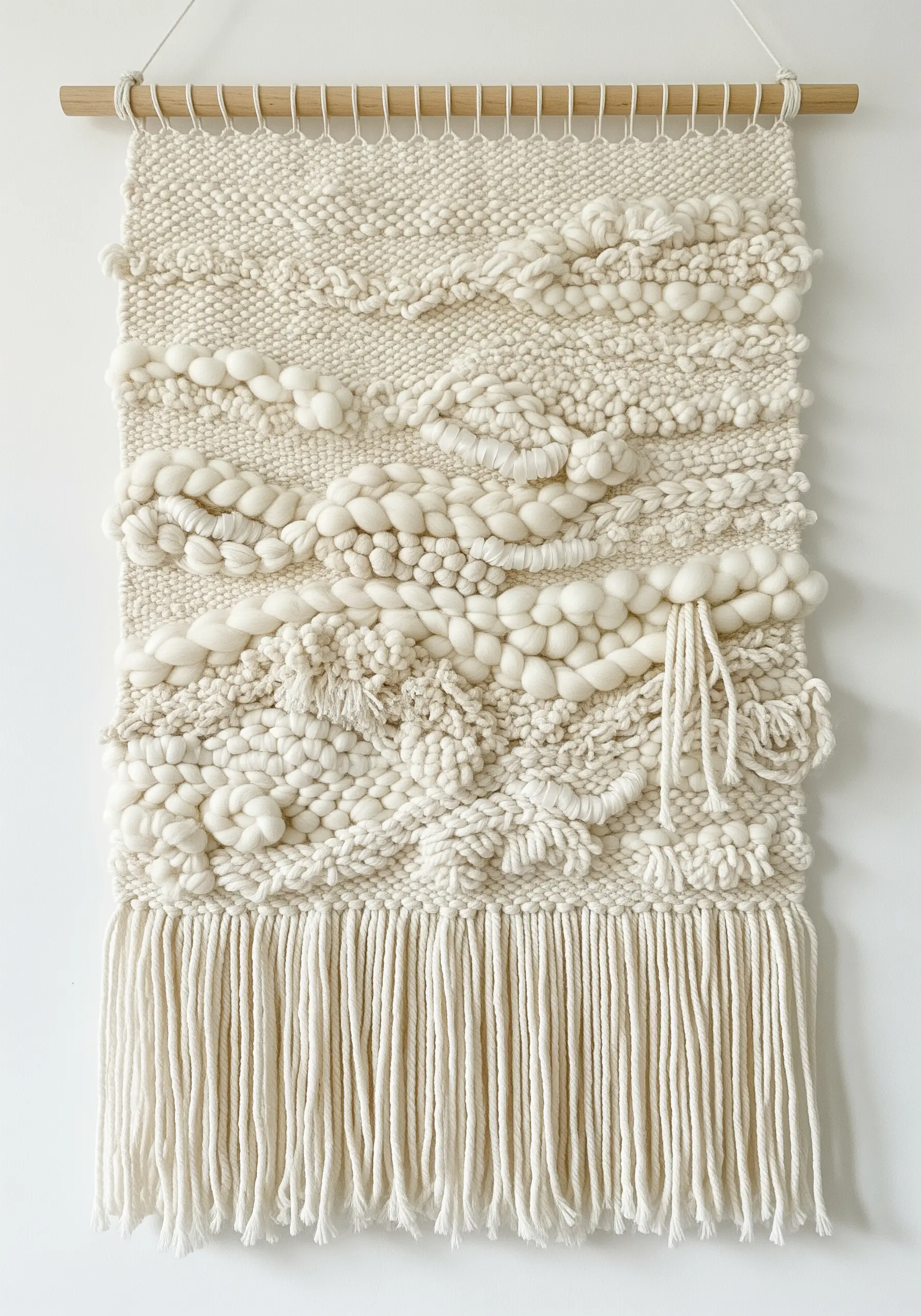A highly textured all-white woven wall hanging with various soft, bumpy, and fluffy sections.