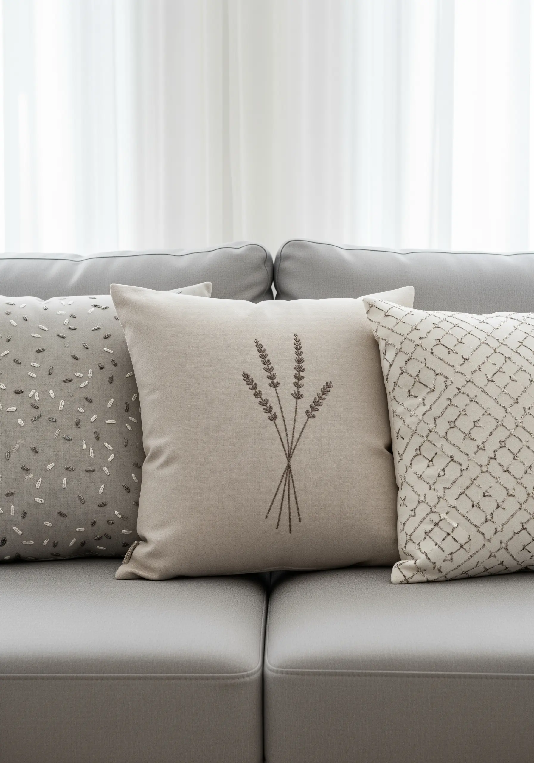 A simple lavender sprig embroidered in brown thread on a cream-colored cushion.