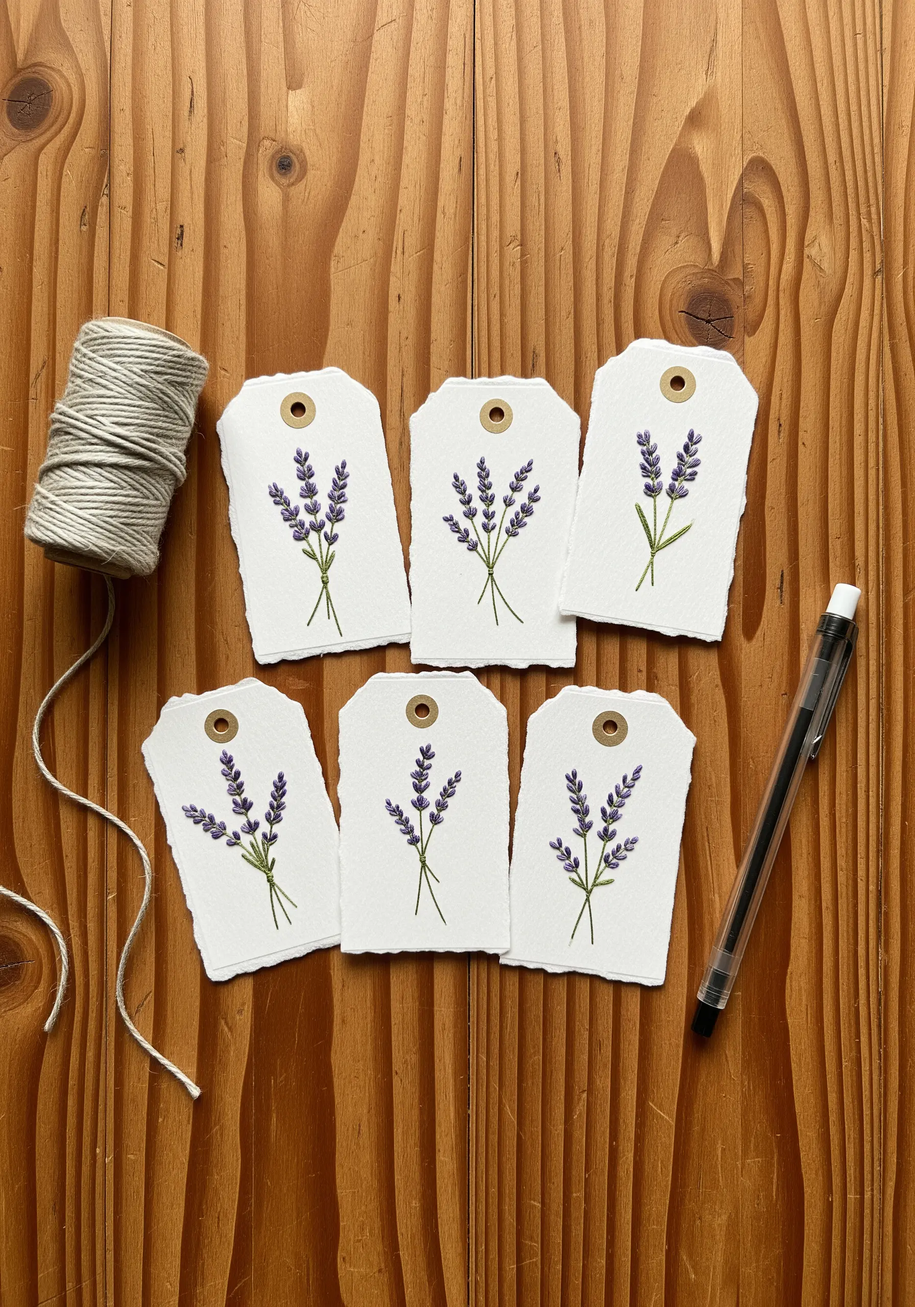 A series of handmade paper gift tags, each embroidered with a small lavender sprig.