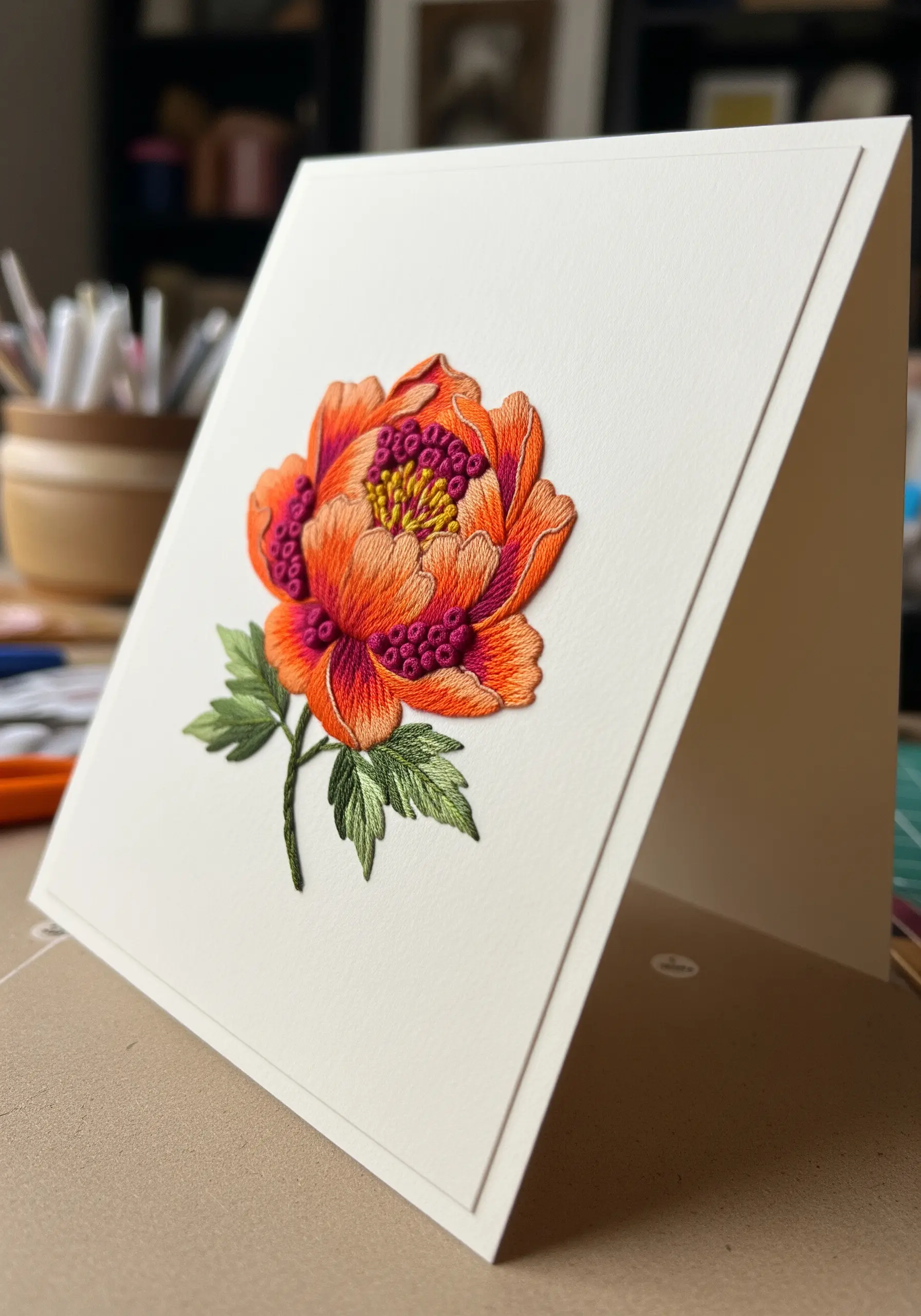 A small, detailed peony embroidered onto the front of a cream-colored greeting card.