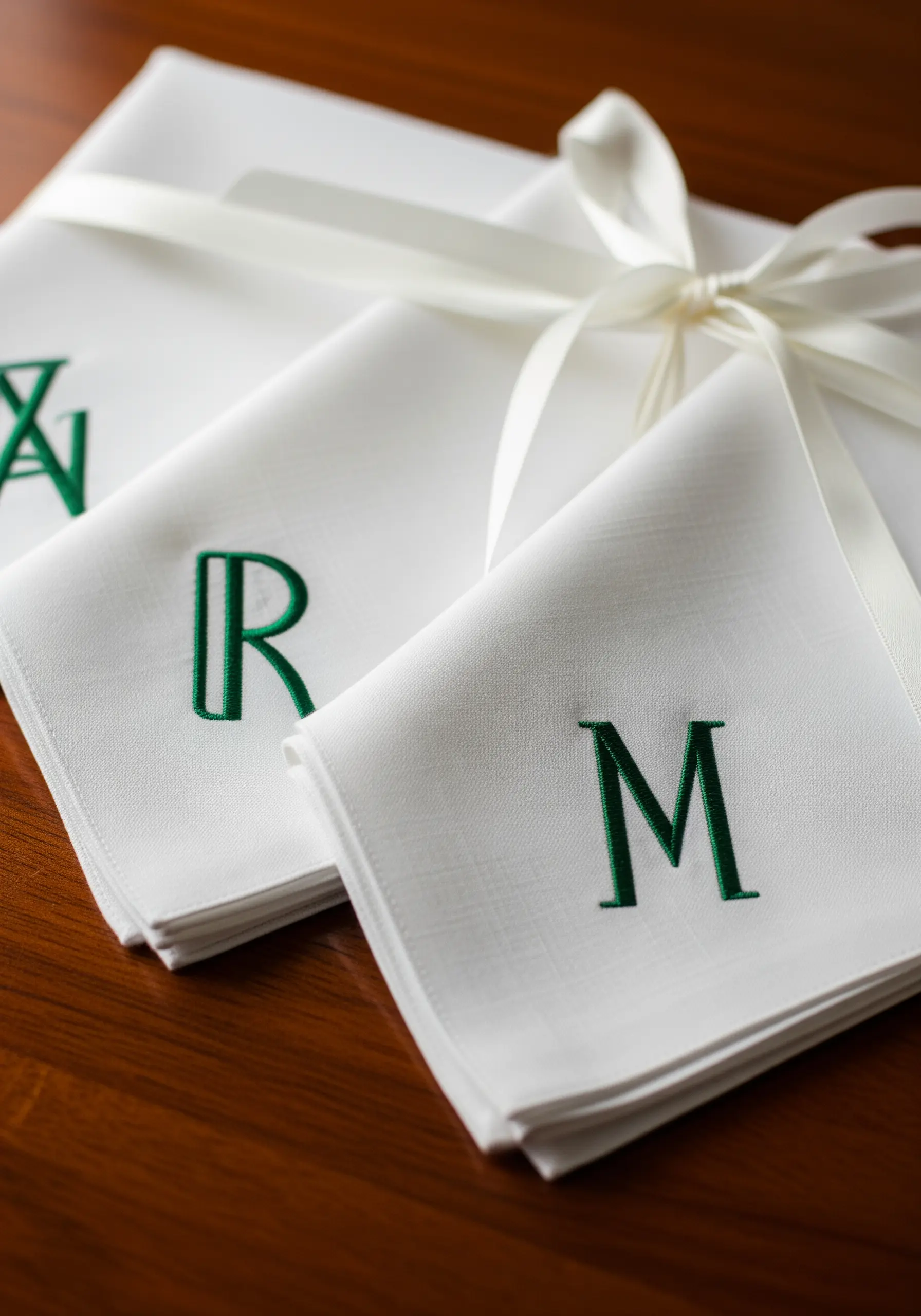 Crisp, dark green embroidered monograms on folded white linen handkerchiefs.
