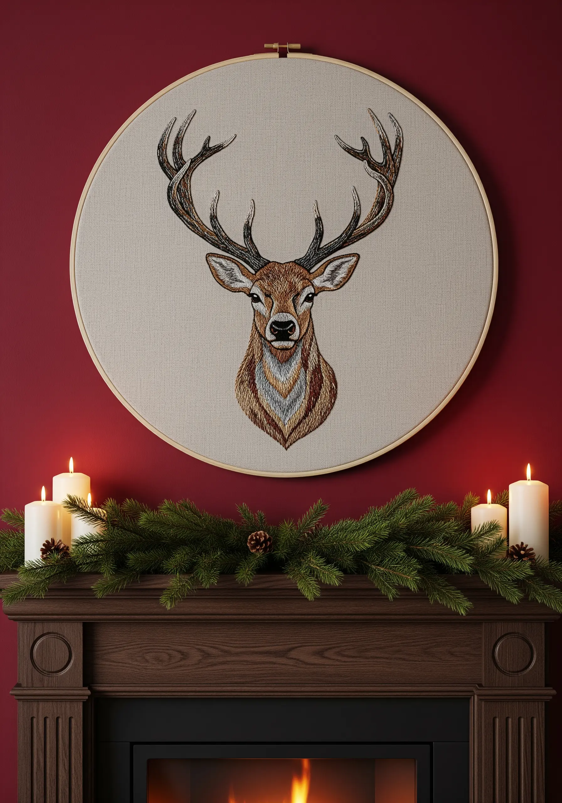 Detailed thread-painted deer head with intricate fur texture in an embroidery hoop over a mantel.