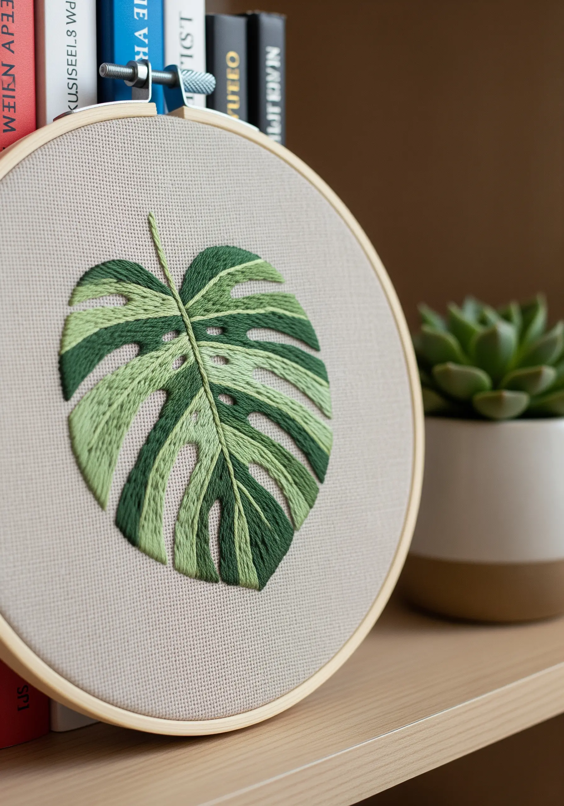 An embroidered monstera leaf with alternating light and dark green satin-stitched sections.