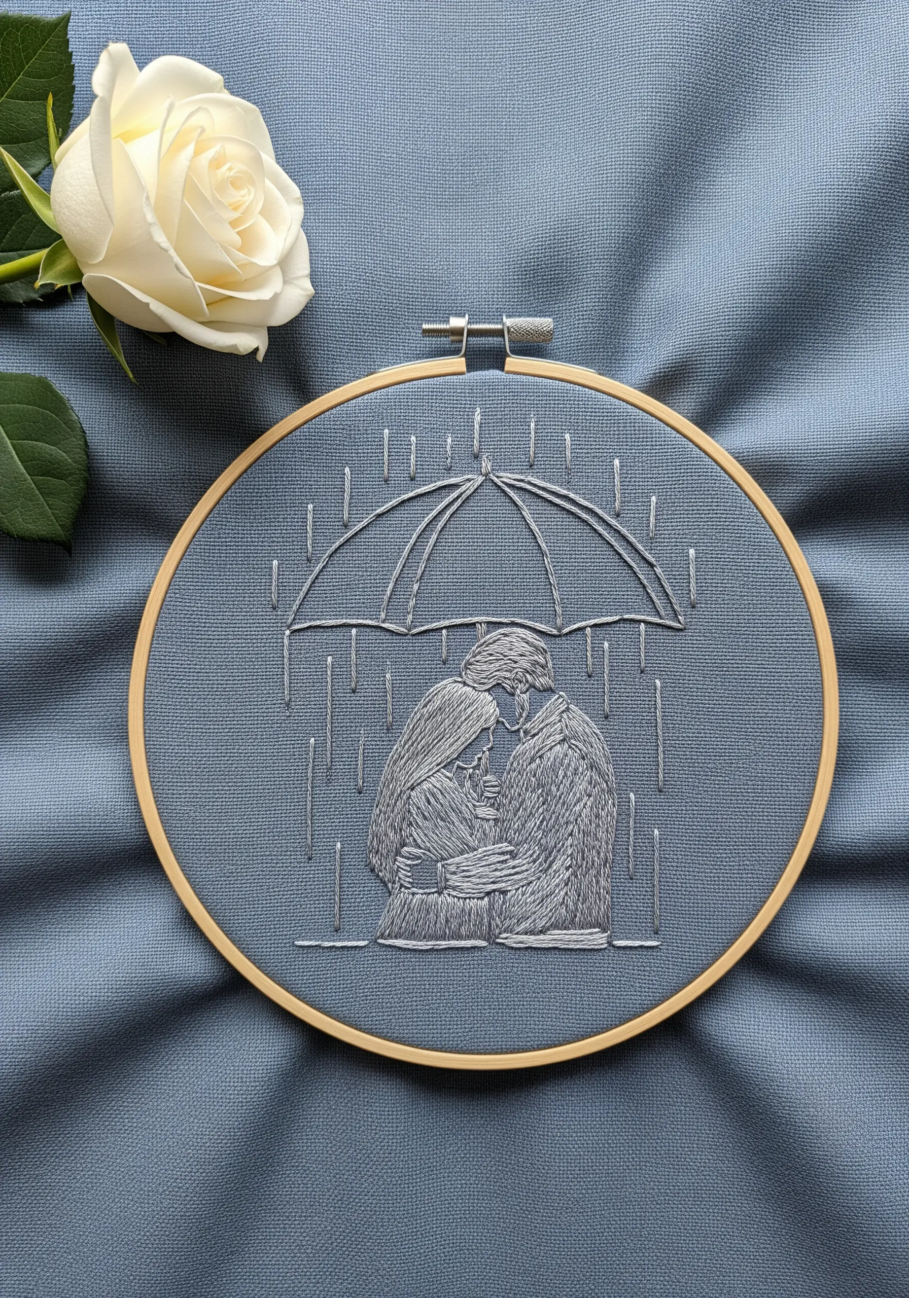 Tone-on-tone embroidery of a couple under an umbrella in the rain, stitched in silver on blue fabric.