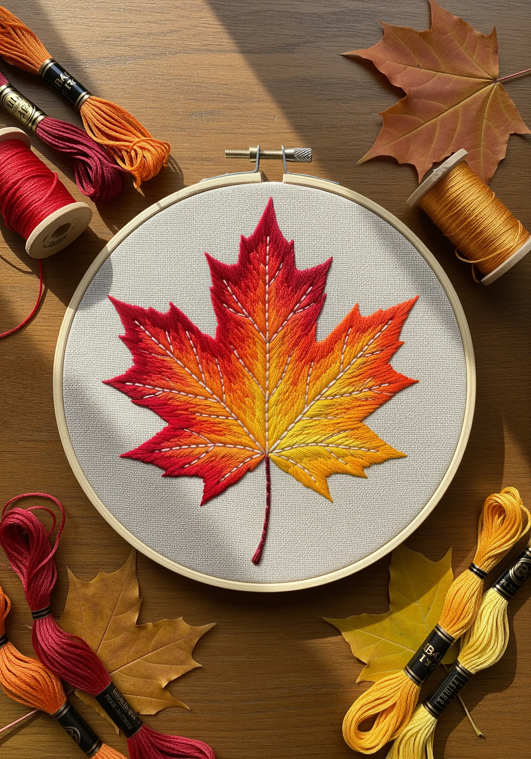 Embroidery of a red, orange, and yellow maple leaf with detailed thread painting.