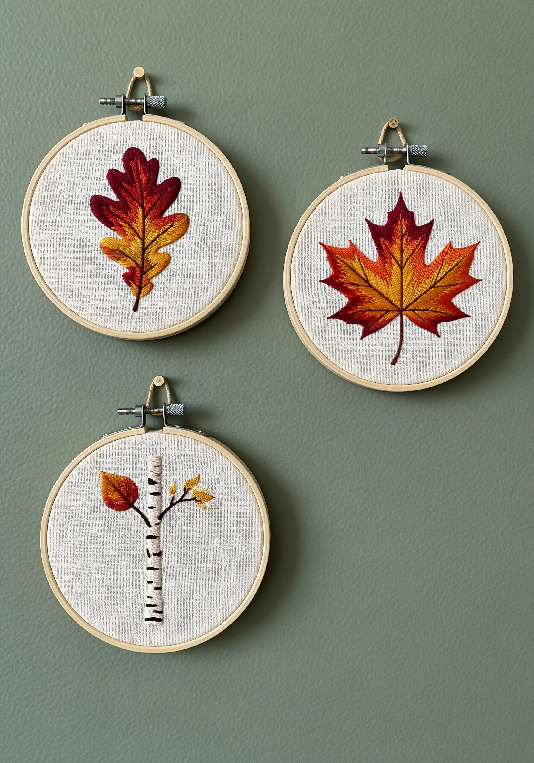 Three small embroidery hoops displaying autumn leaves with realistic color gradients.