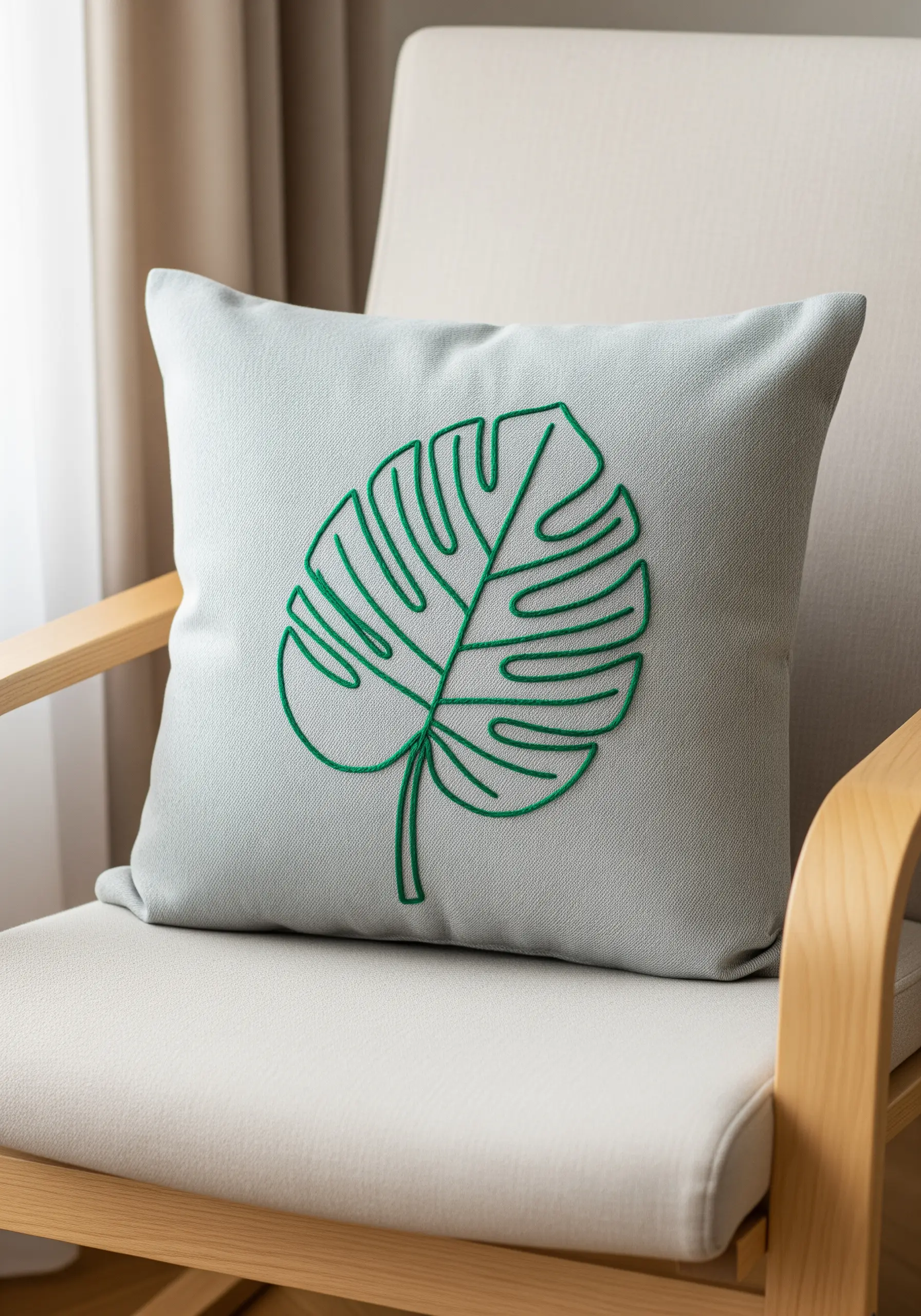 A bold green chain stitch embroidery of a Monstera leaf on a light grey cushion.