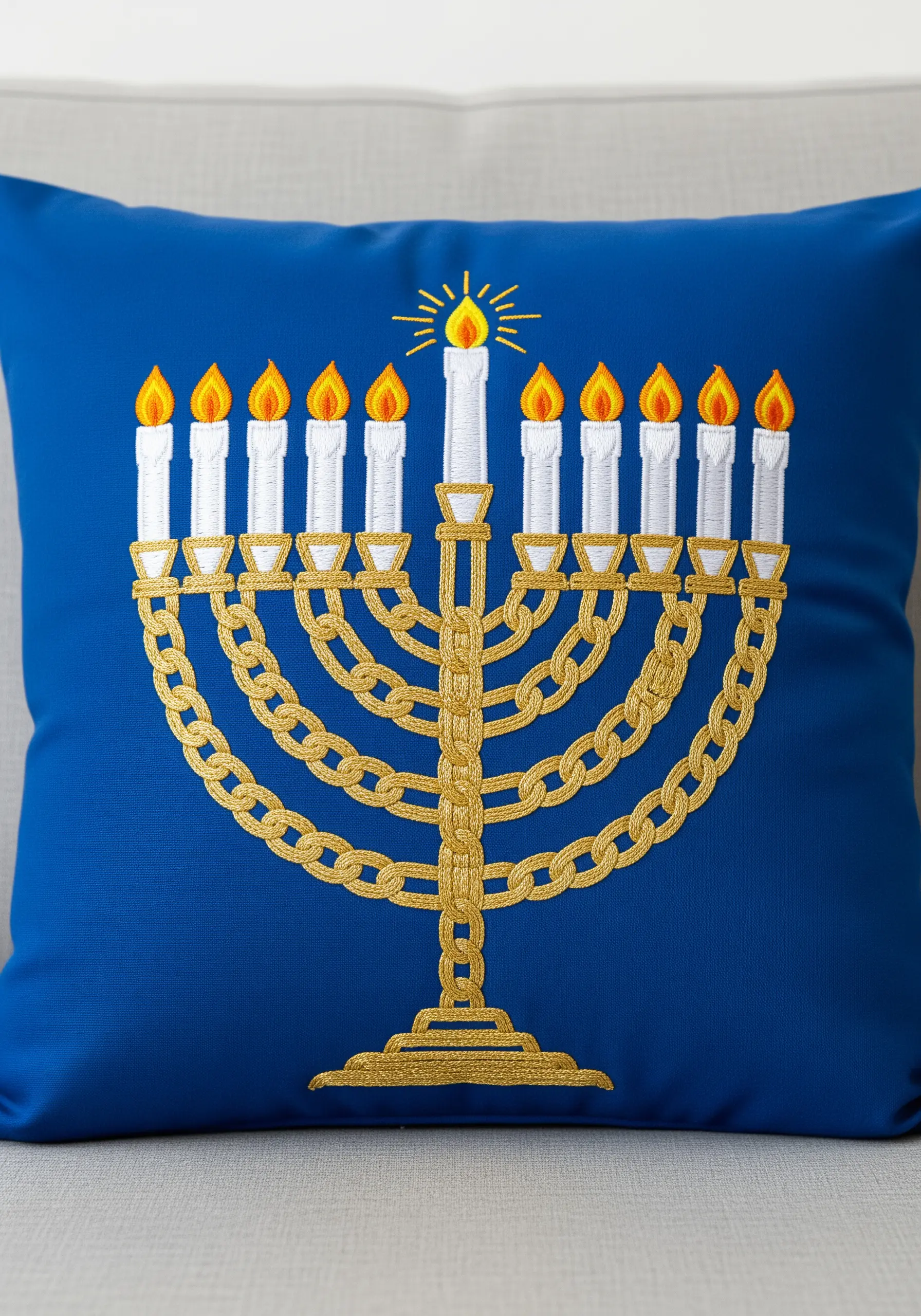 A gold embroidered menorah with lit candles on a royal blue pillow.