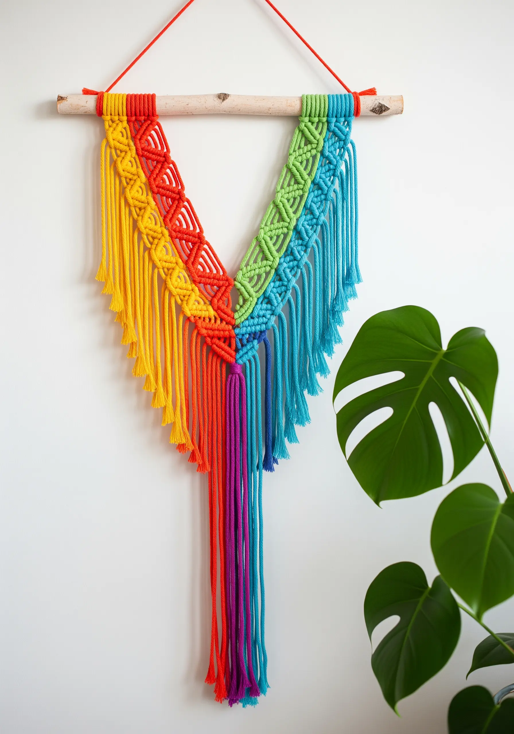 Rainbow macrame wall hanging with a V-shape knot pattern and cascading fringe.
