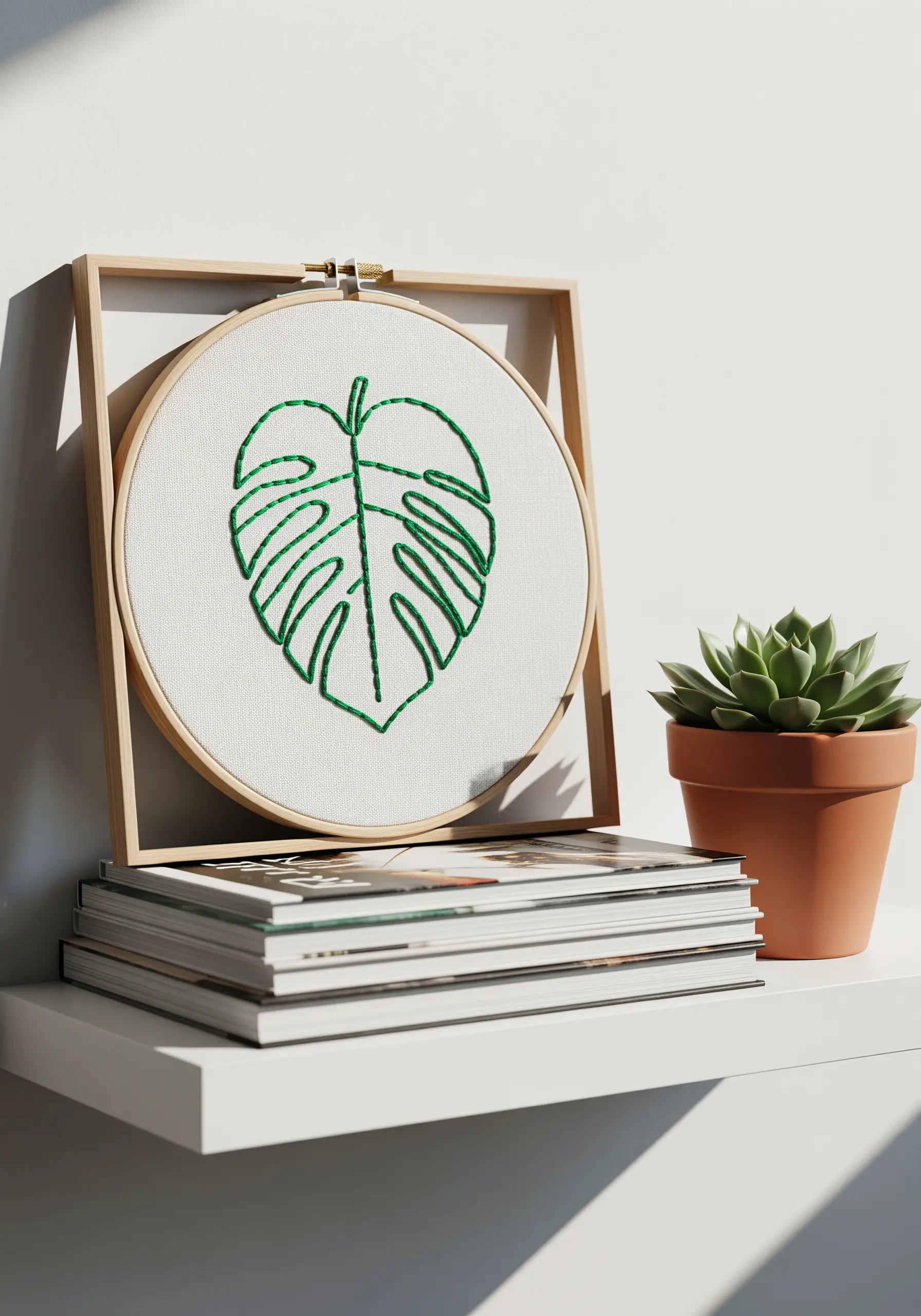 A minimal monstera leaf outlined in green backstitch, framed in a wooden hoop.