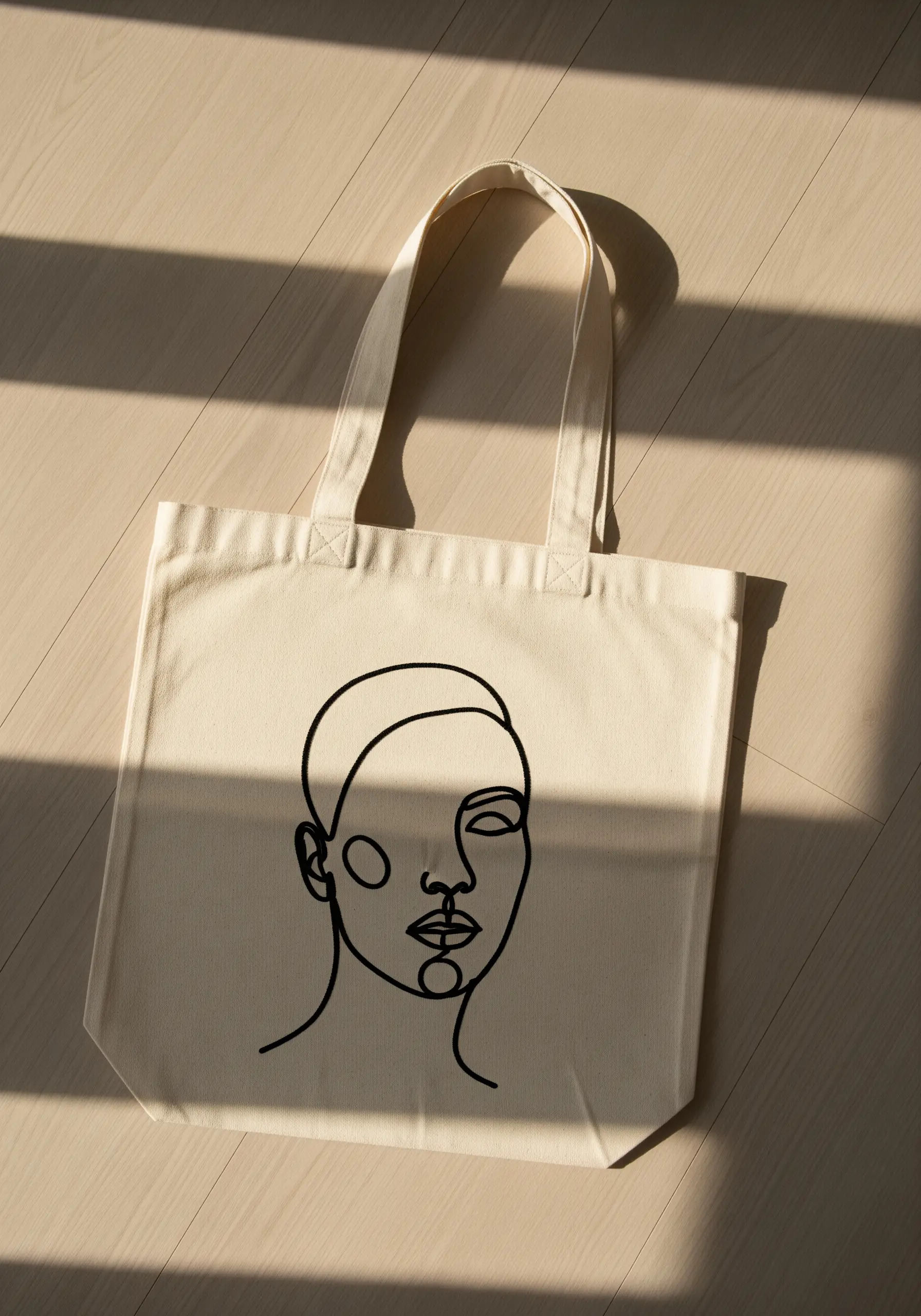 A simple black line-art portrait embroidered on a natural canvas tote bag.