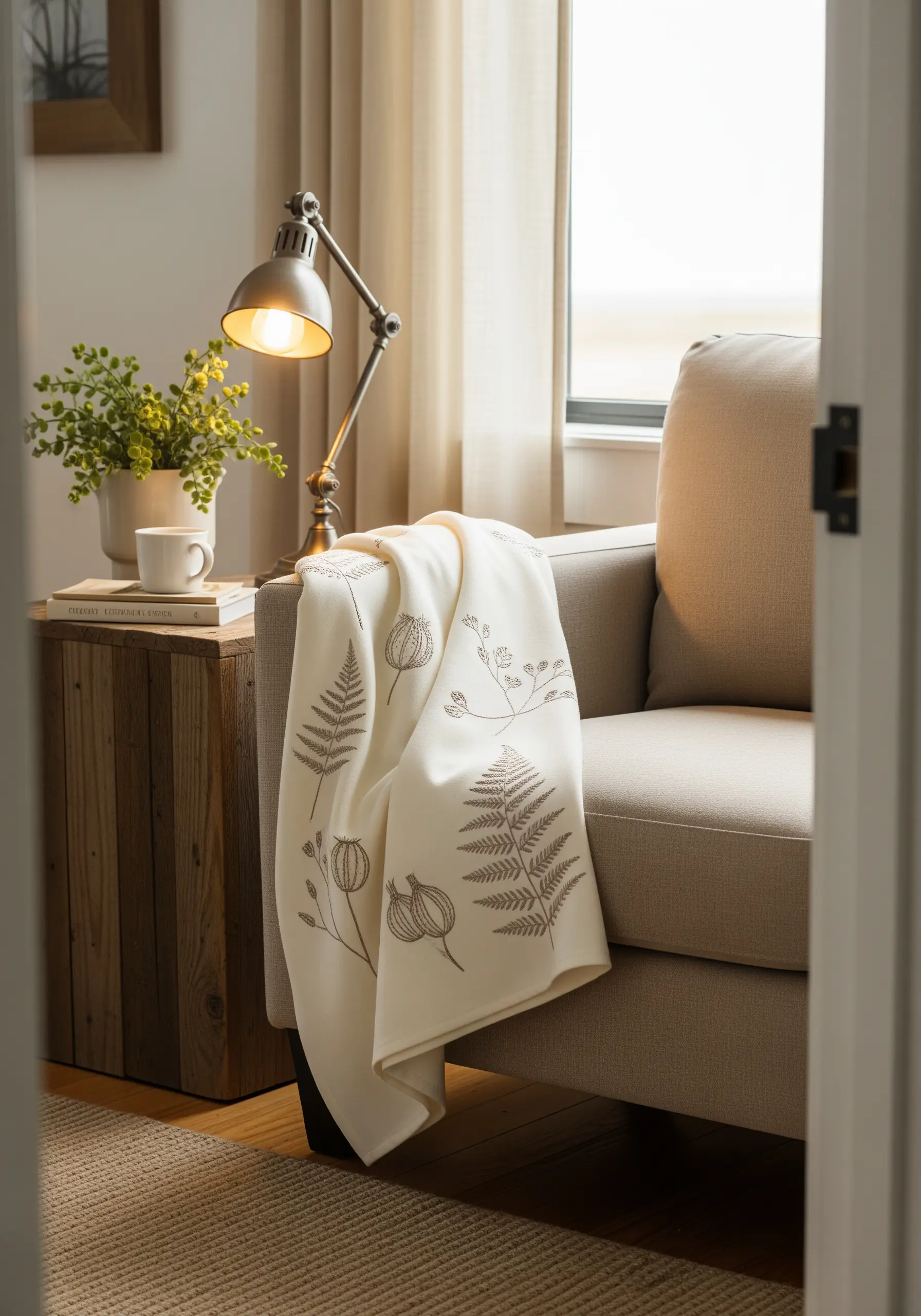 Fine-line embroidery of fern and seed pod motifs on a cream-colored throw.