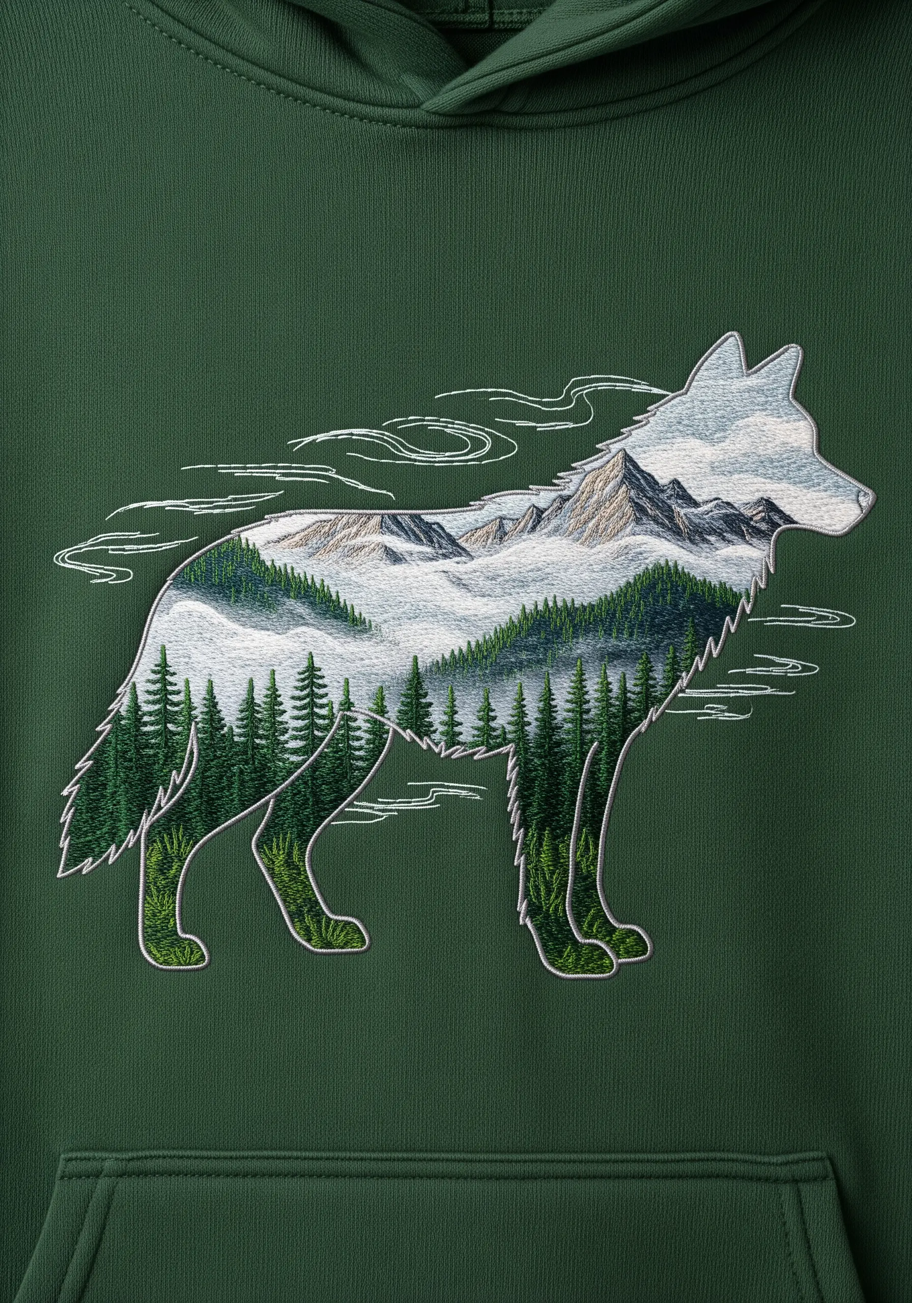 A wolf silhouette filled with an embroidered forest and mountain landscape.