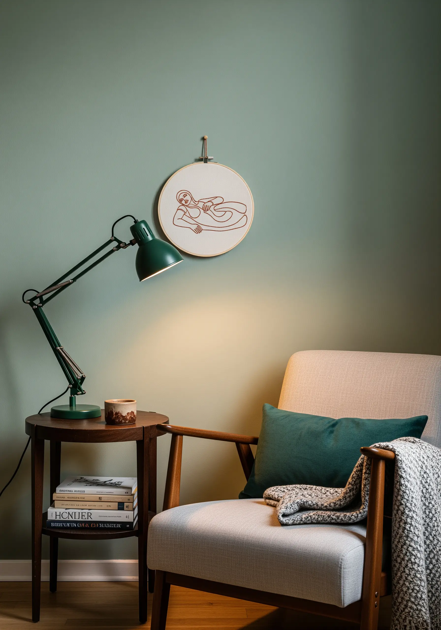 Embroidery hoop with a single-line art portrait of a reclining figure