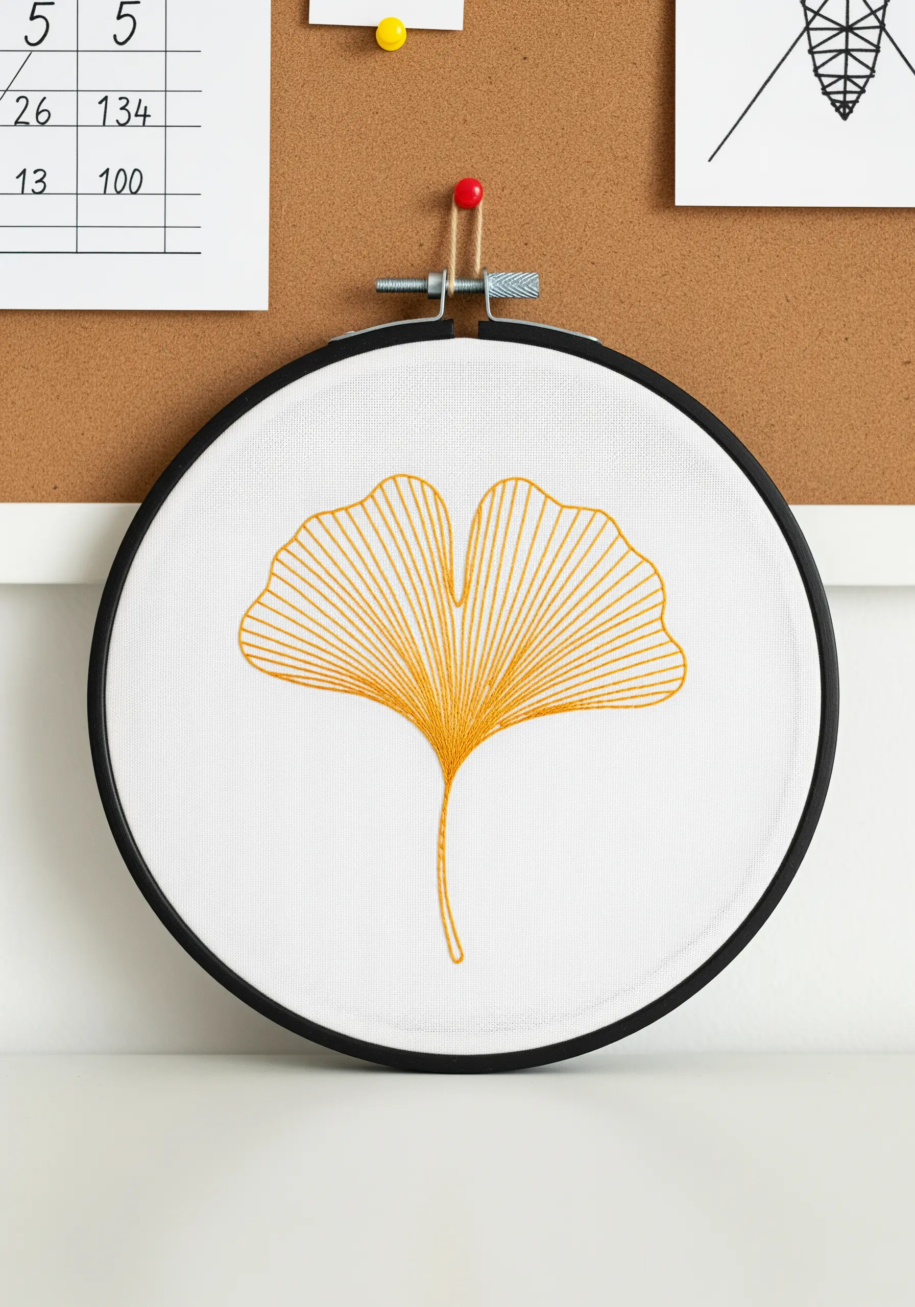 Minimalist line art embroidery of a ginkgo leaf in golden yellow thread on white fabric.