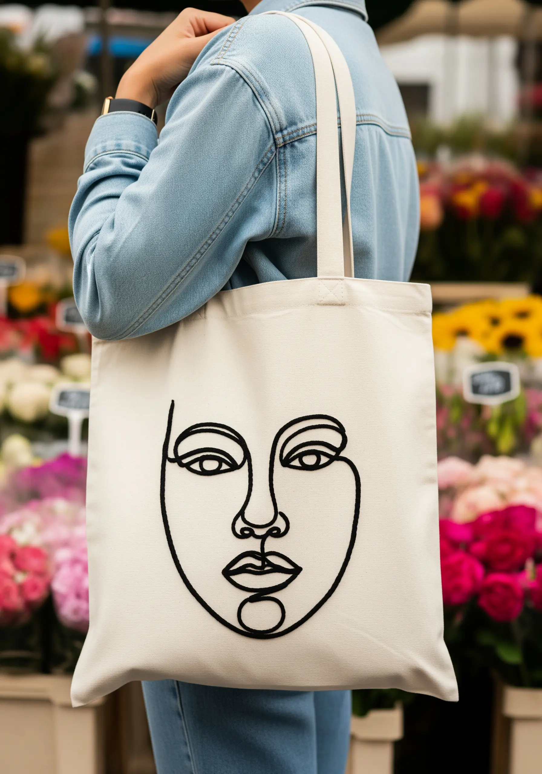 Minimalist single-line face portrait embroidered in black thread on a canvas tote