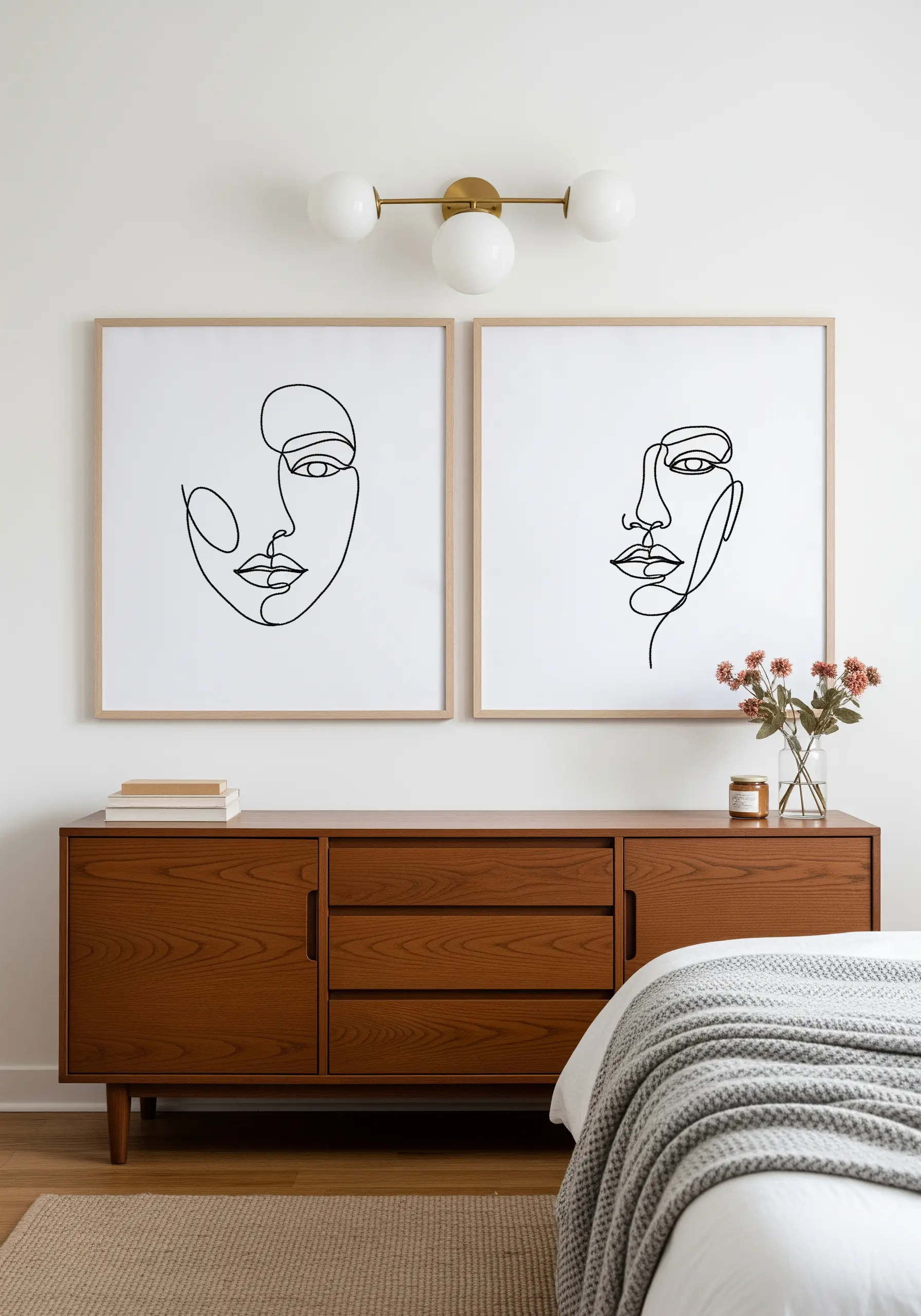 Two large framed embroideries of minimalist, continuous single-line art faces.