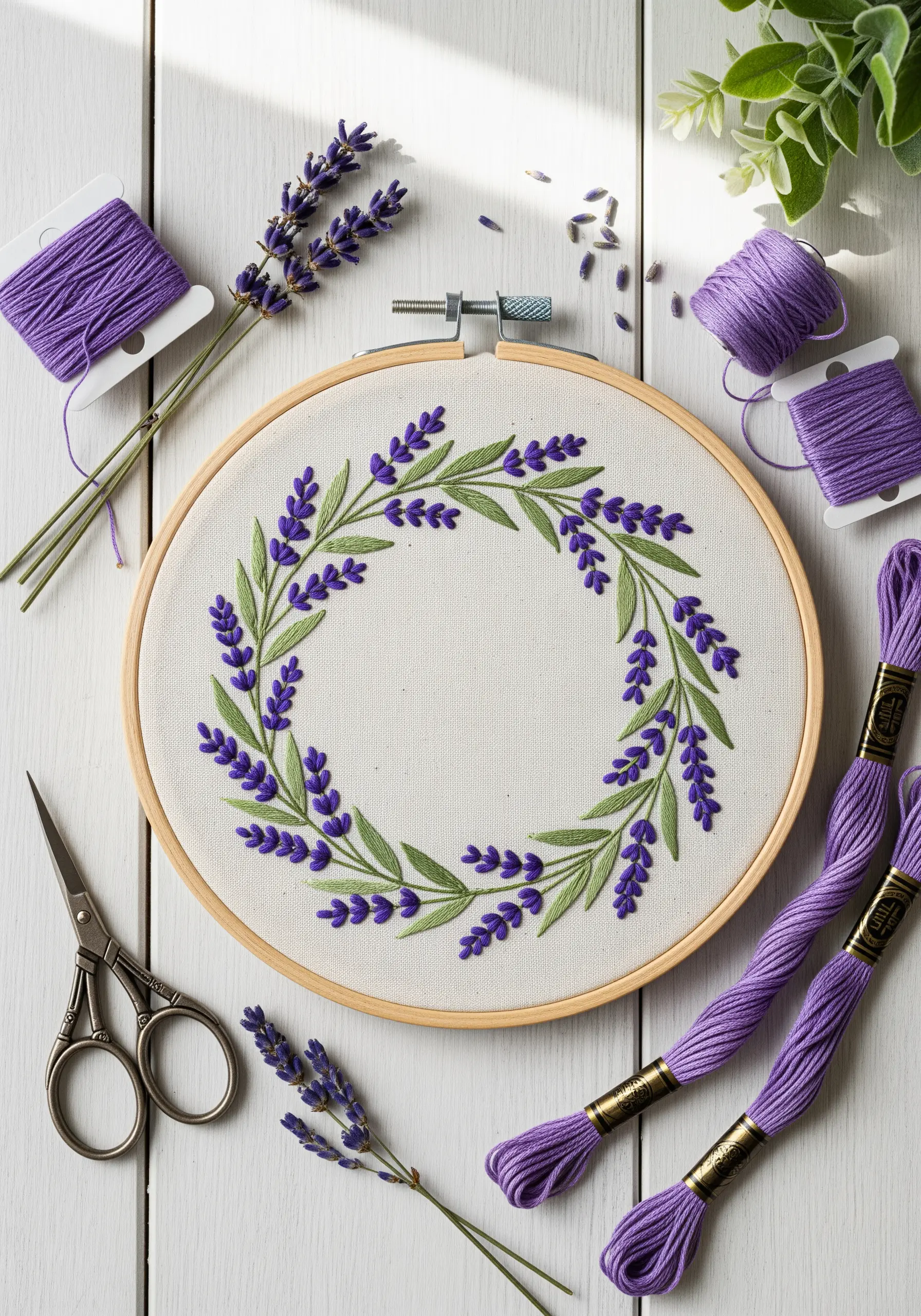 A perfectly circular lavender wreath embroidered with delicate green leaves and purple buds.