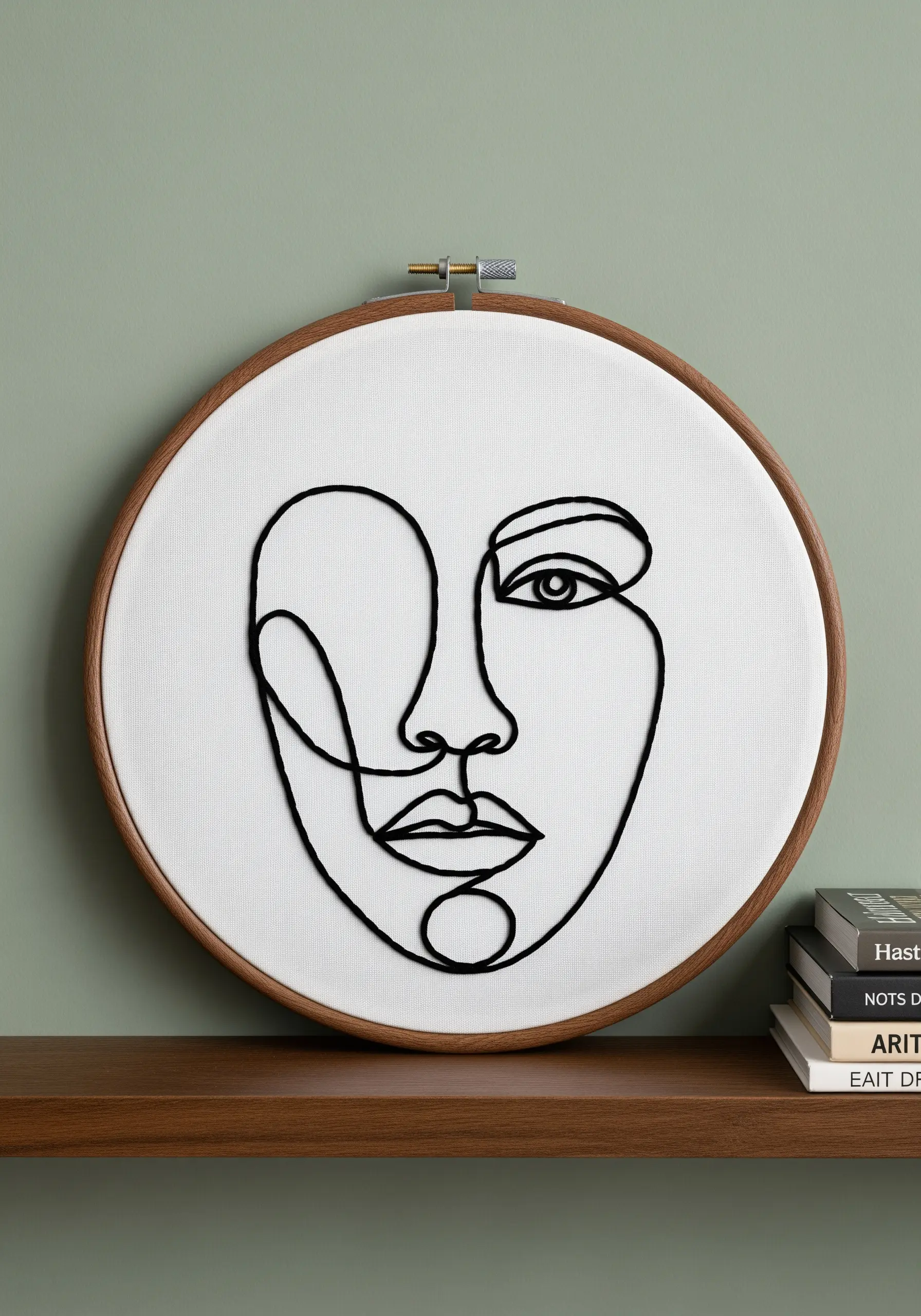 Abstract face portrait embroidered with a single, continuous black line on white fabric.