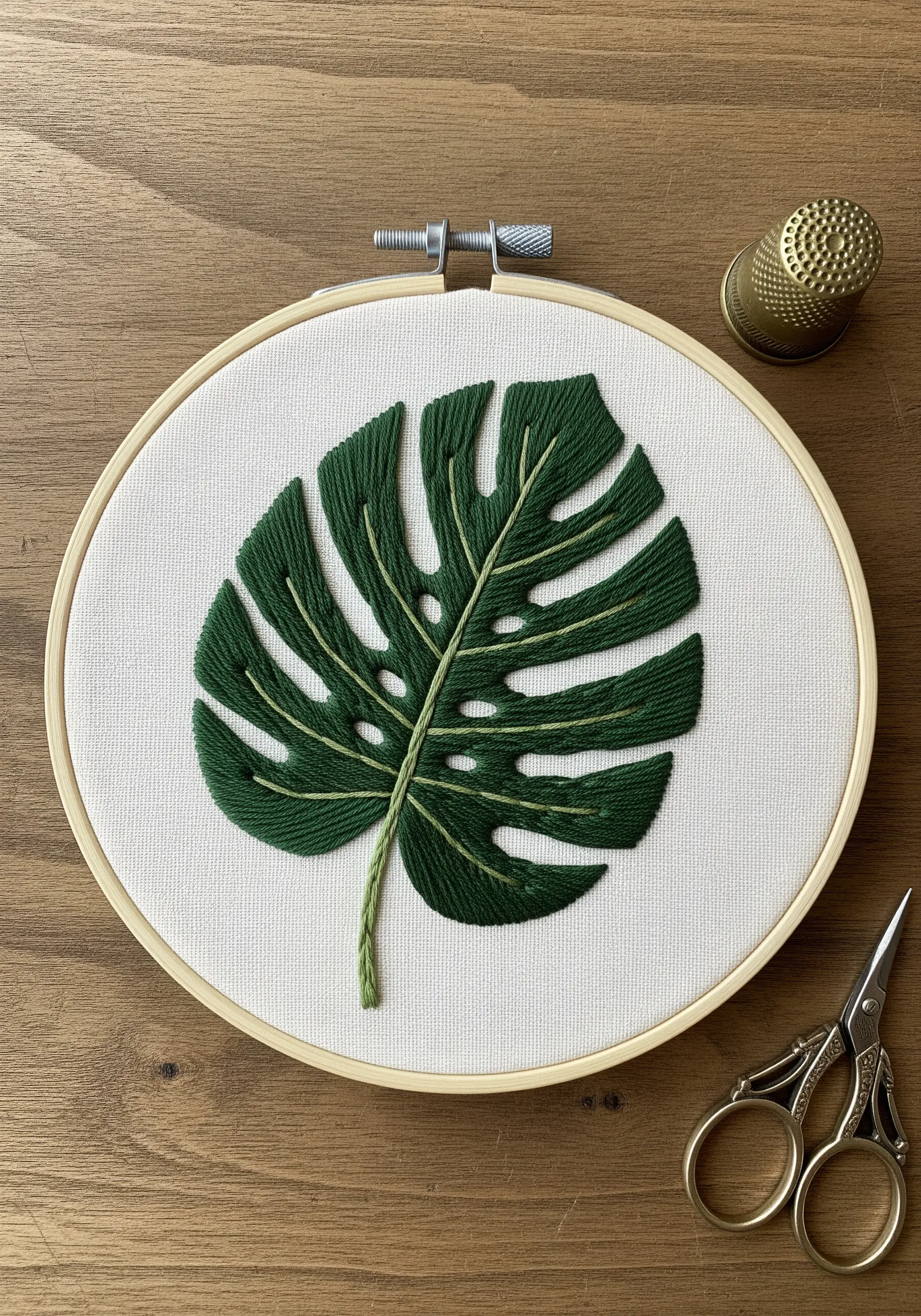 Embroidered Monstera leaf with dark green satin stitch and light green backstitch veins.