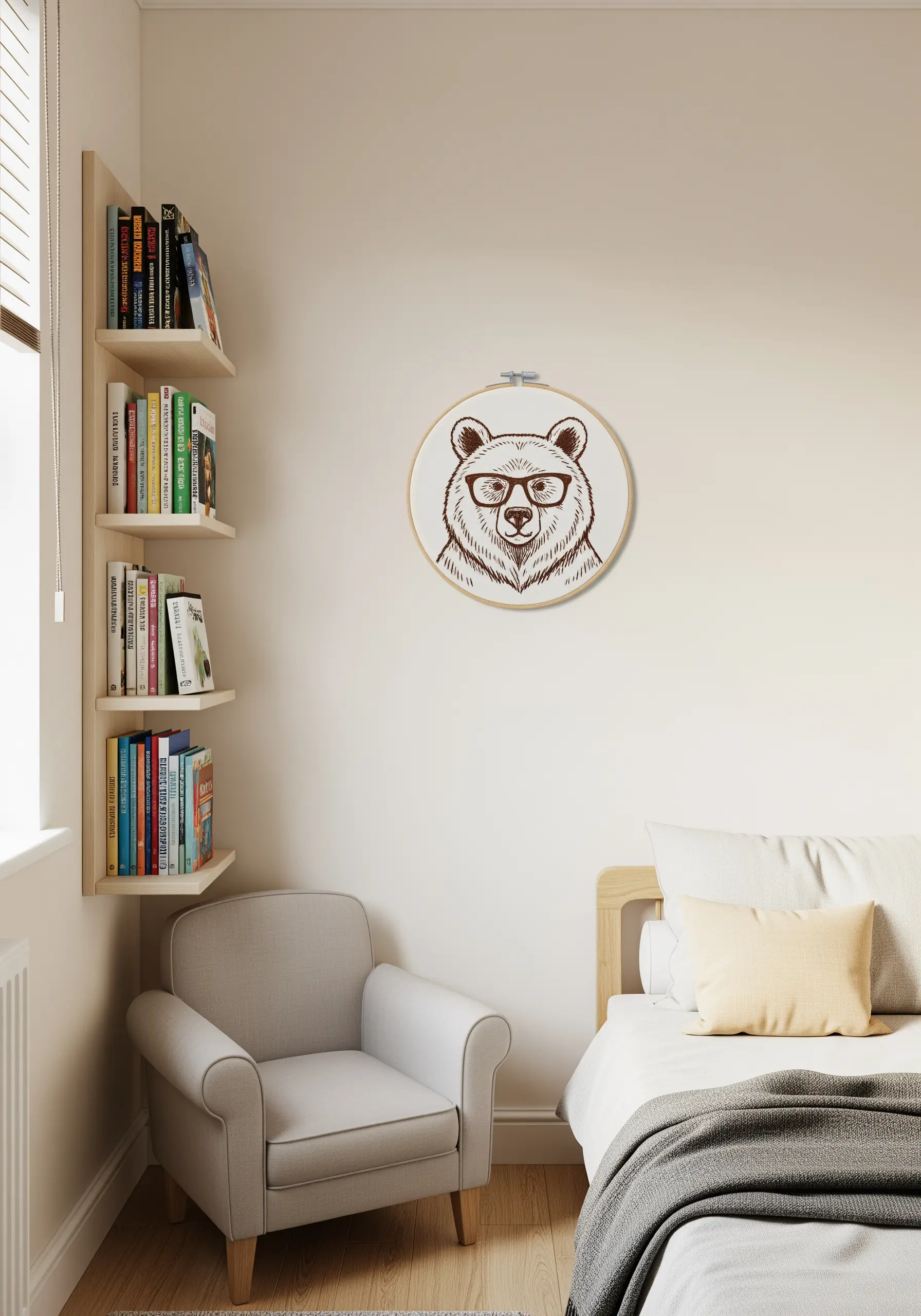 A single-color line art embroidery of a bear wearing glasses, stitched in brown thread on white fabric.