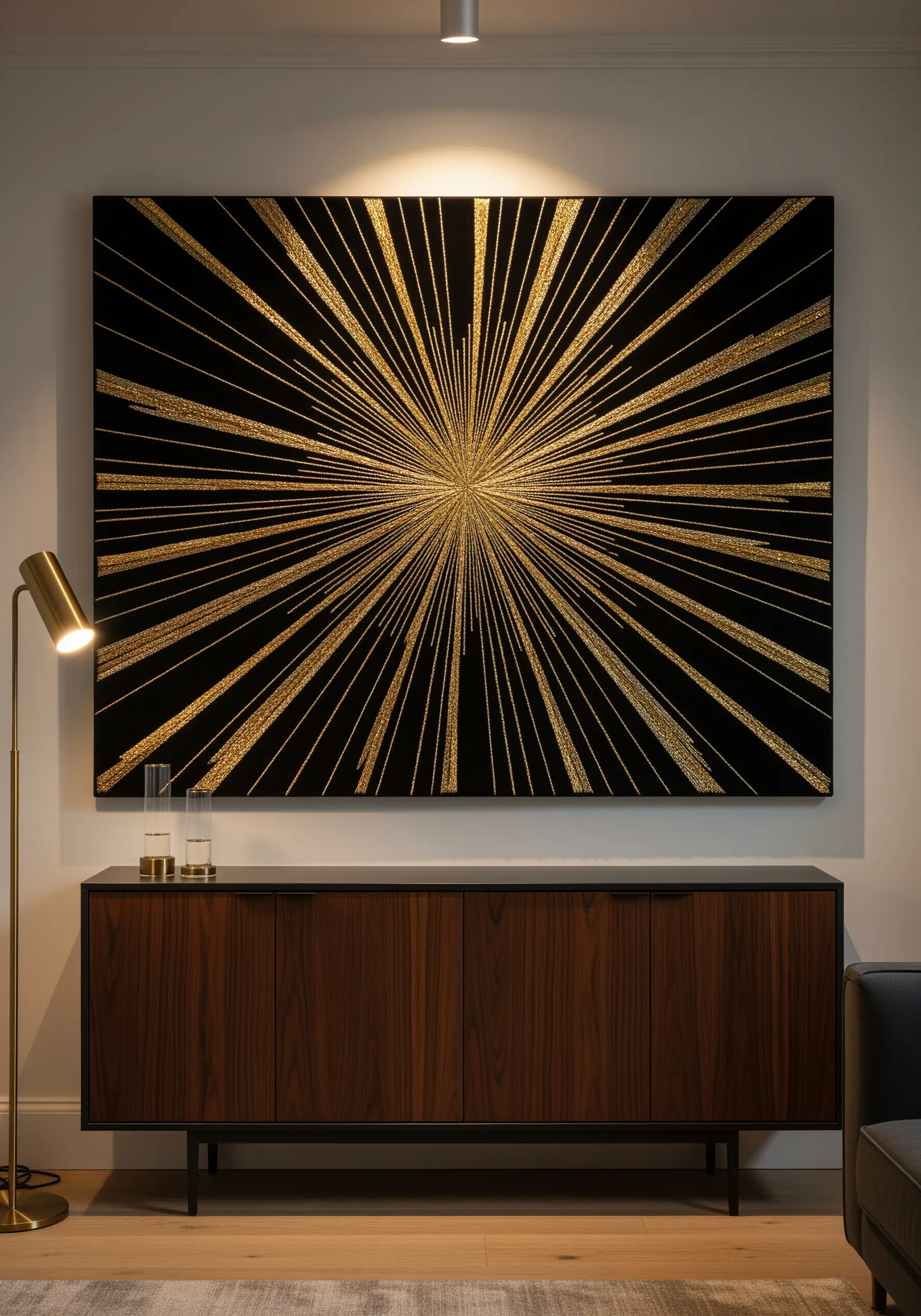 Large-scale gold metallic thread sunburst embroidery on a black canvas above a sideboard.