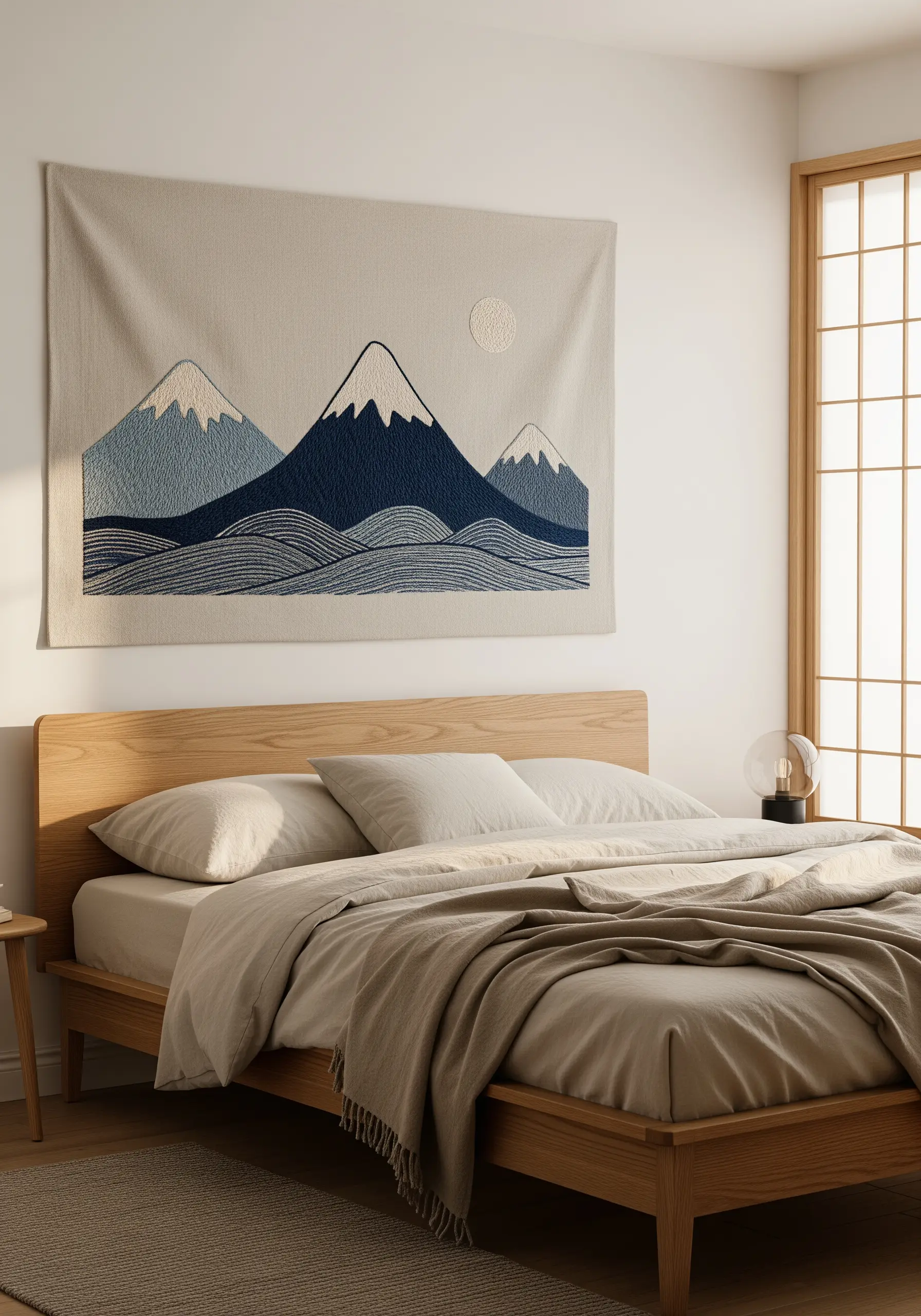 A large embroidered wall tapestry of mountains and waves hanging above a bed.