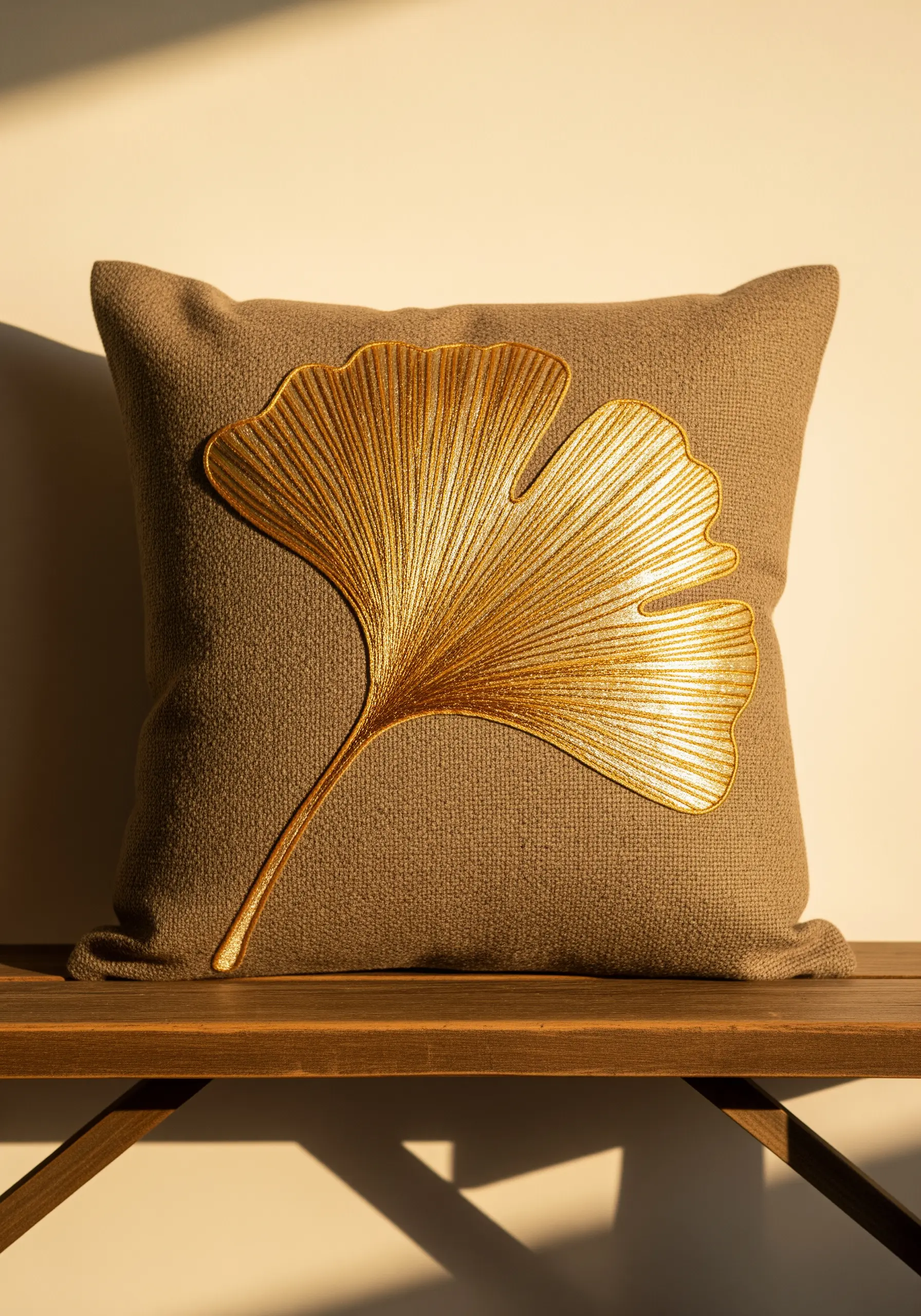 A brown cushion with a large, shimmering gold ginkgo leaf embroidered with directional satin stitch.