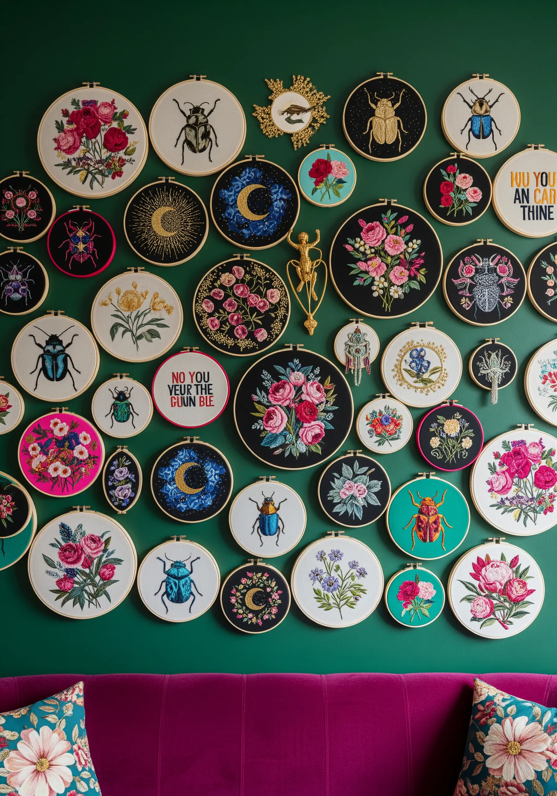 A maximalist gallery wall with dozens of embroidery hoops featuring florals, insects, and quotes.