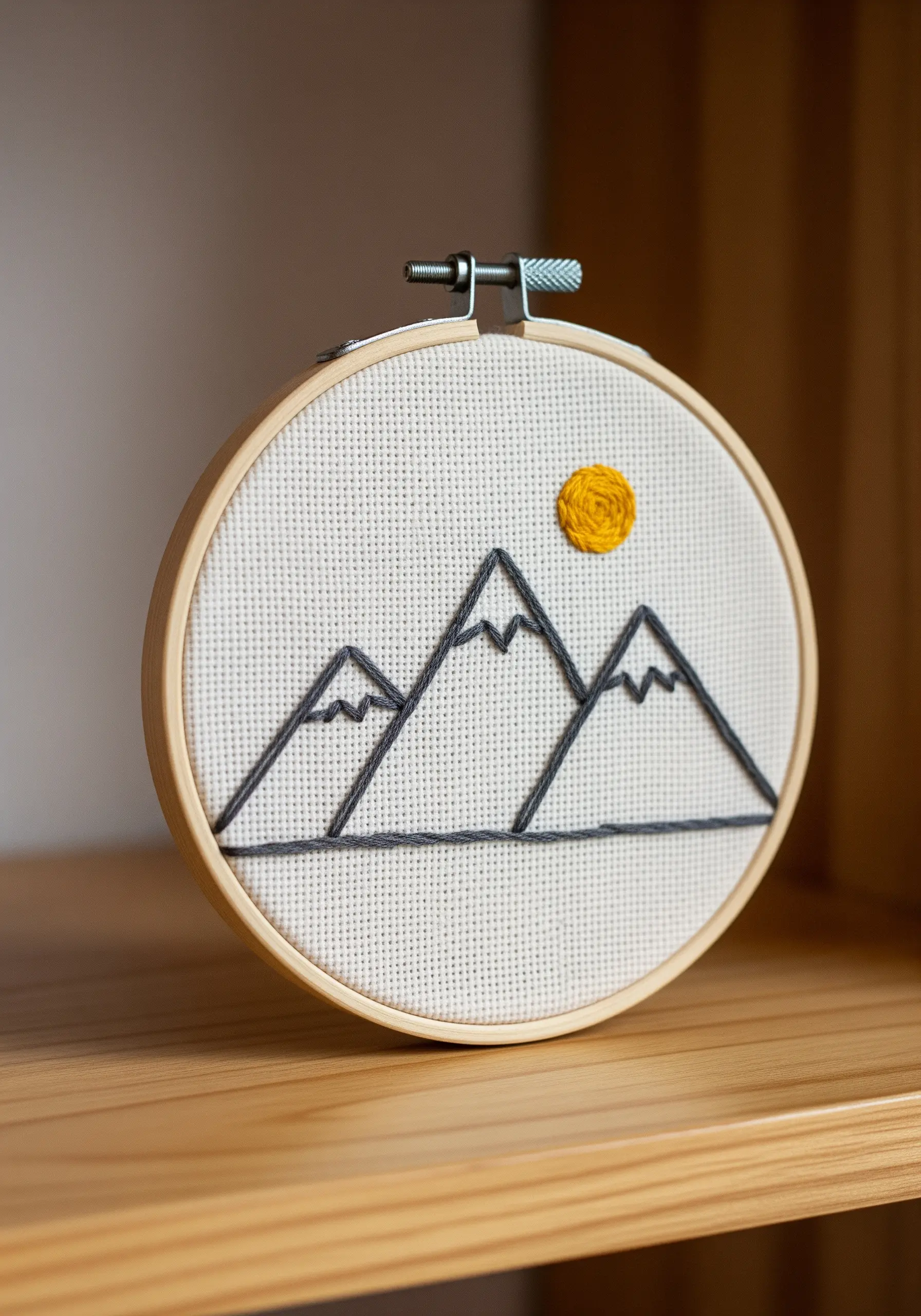 Minimalist mountain embroidery with a textured yellow sun in a wooden hoop.