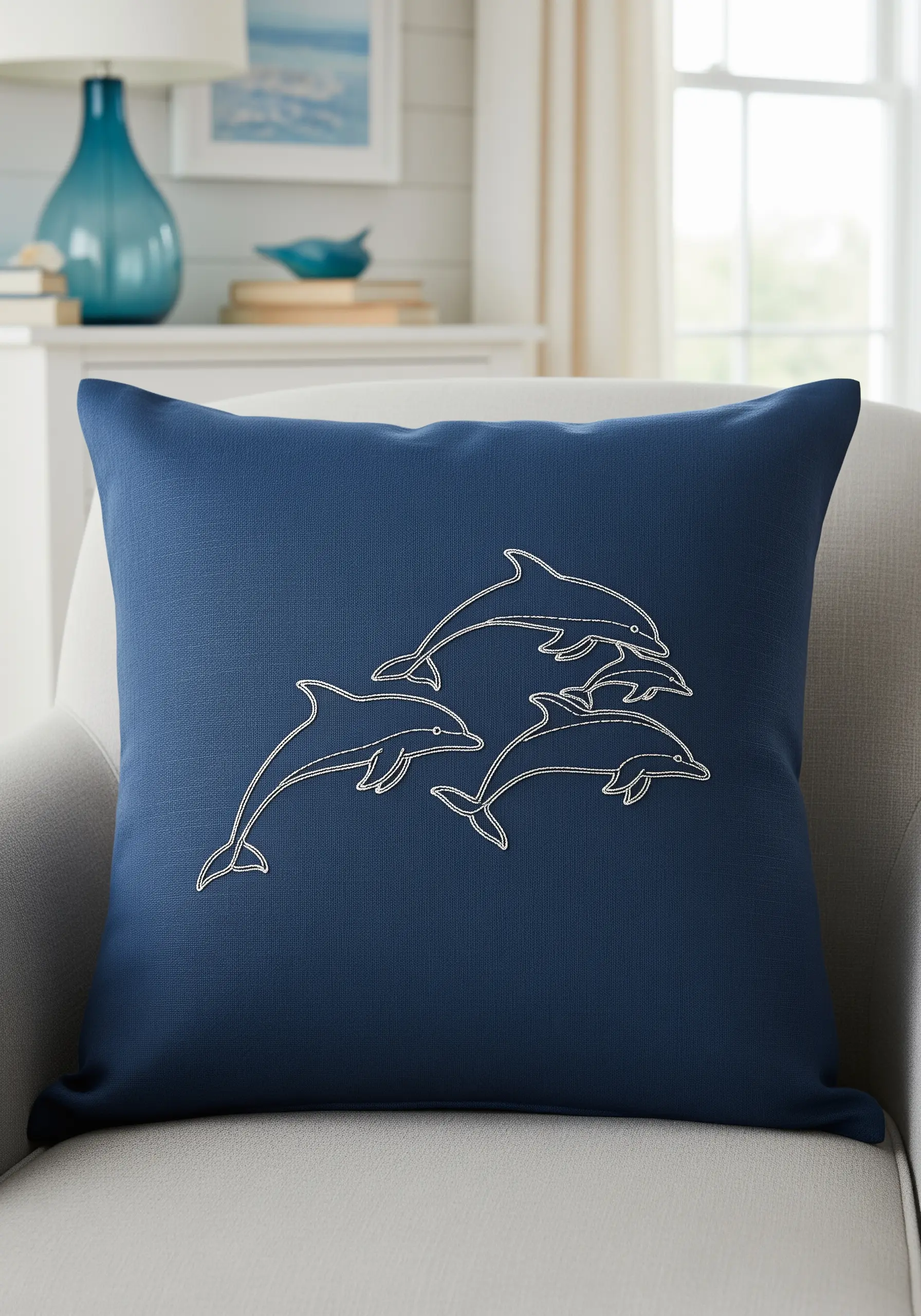 Minimalist white line art embroidery of four dolphins on a navy blue cushion.