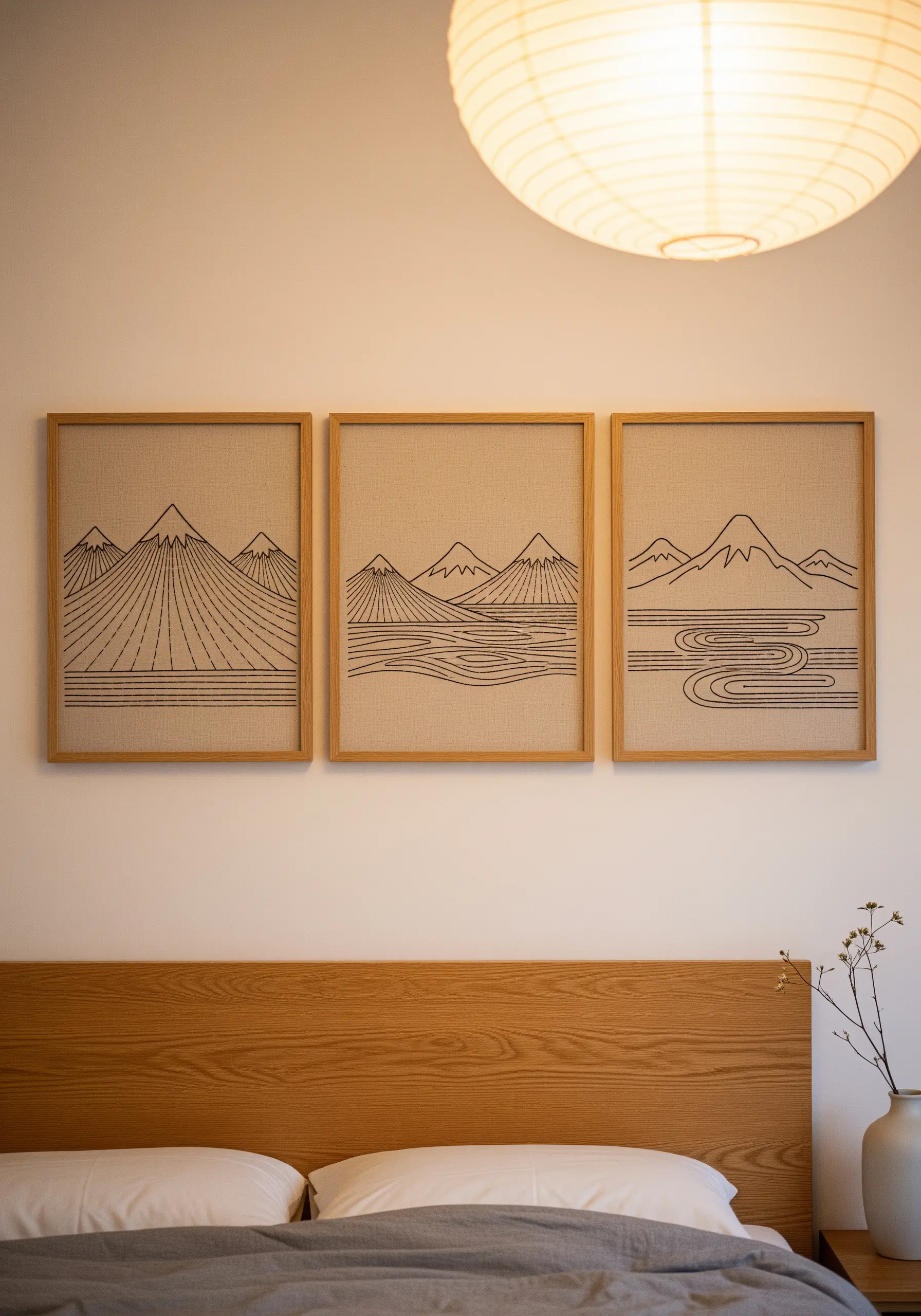 A triptych of framed minimalist line art embroidery depicting mountain landscapes on linen.