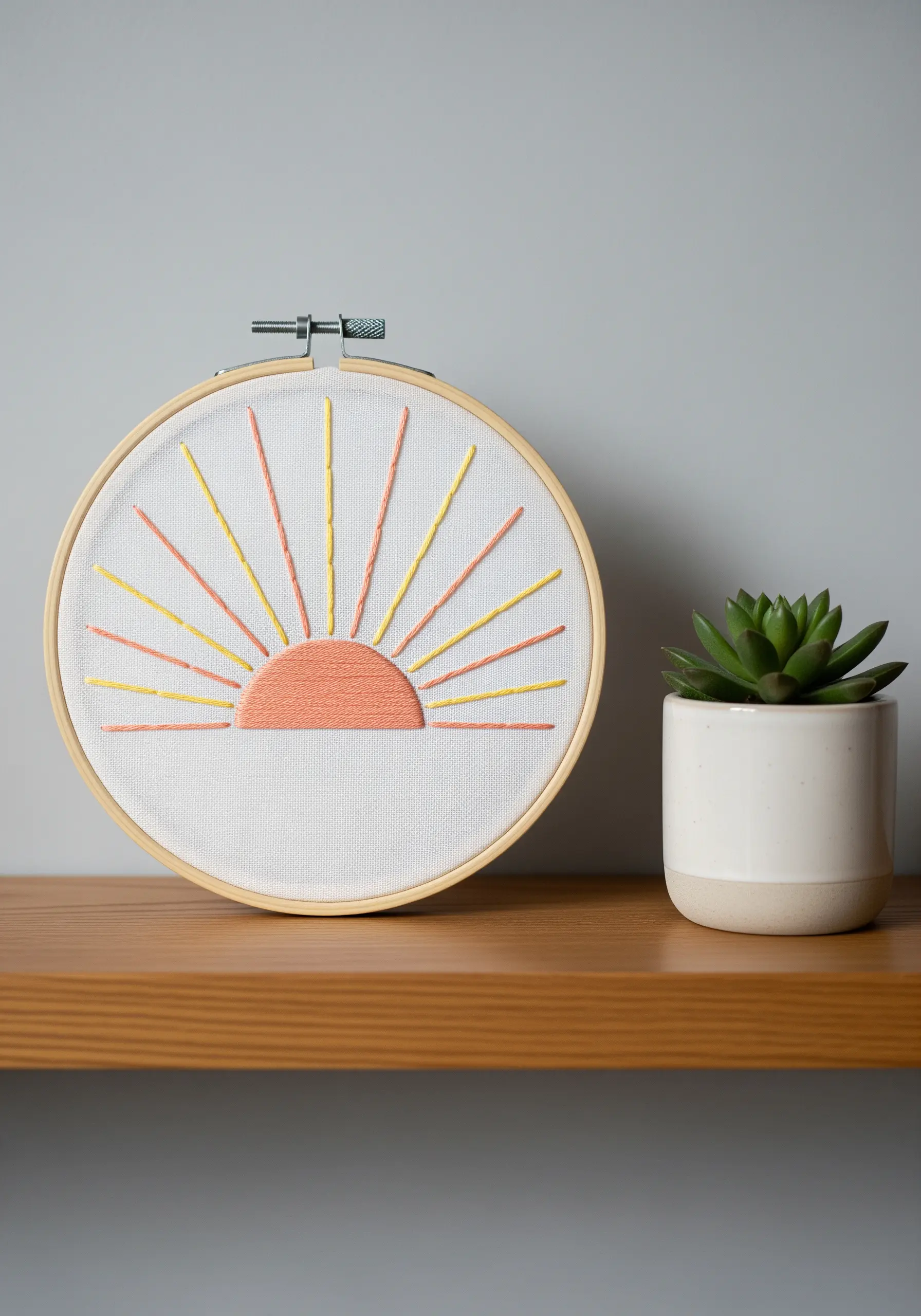 A minimalist sunrise with yellow and orange rays stitched in a hoop.
