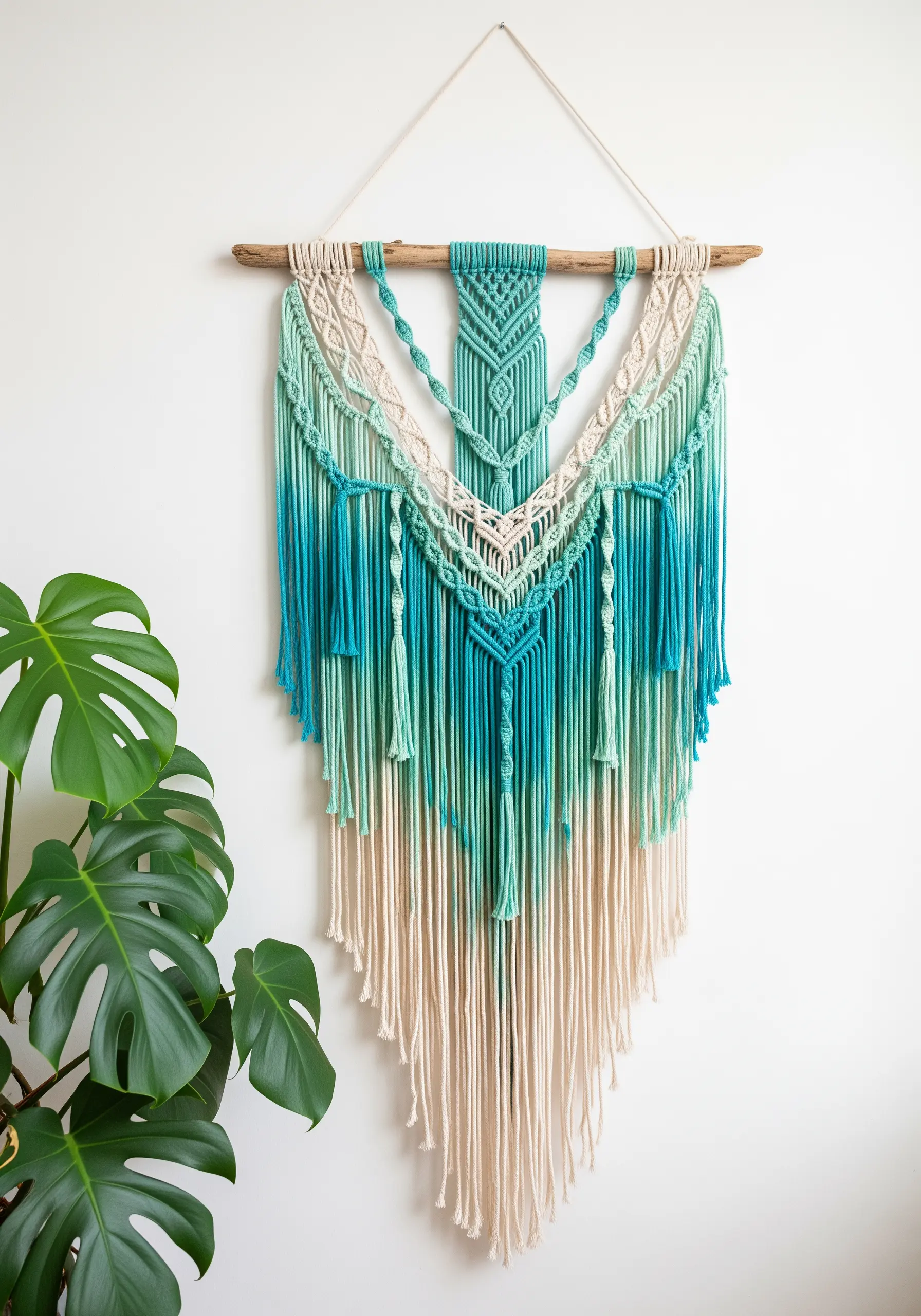 A large macrame wall hanging with a green and teal ombré dip-dye effect.