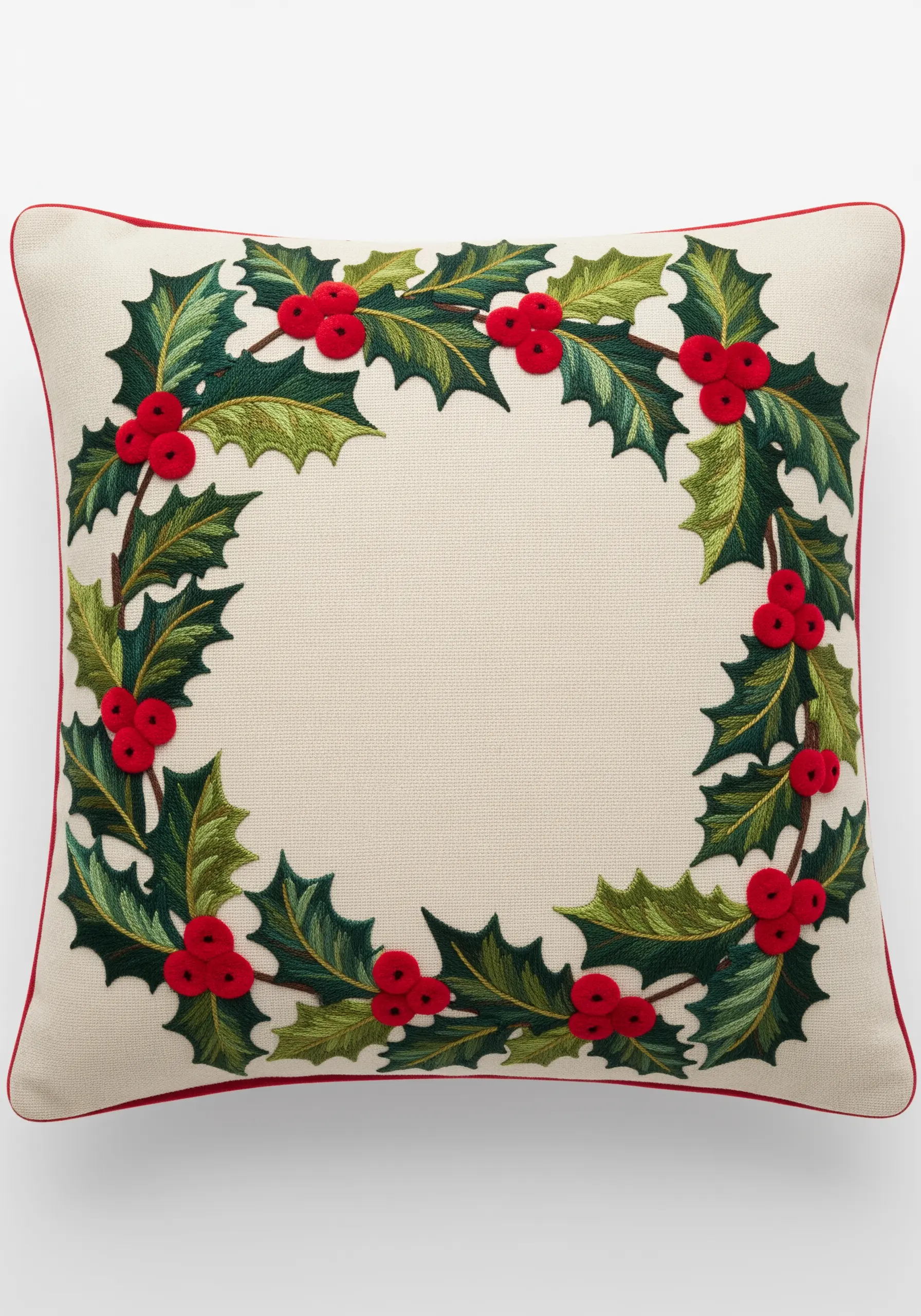 A festive holly wreath embroidered with raised red berries on a cream pillow.