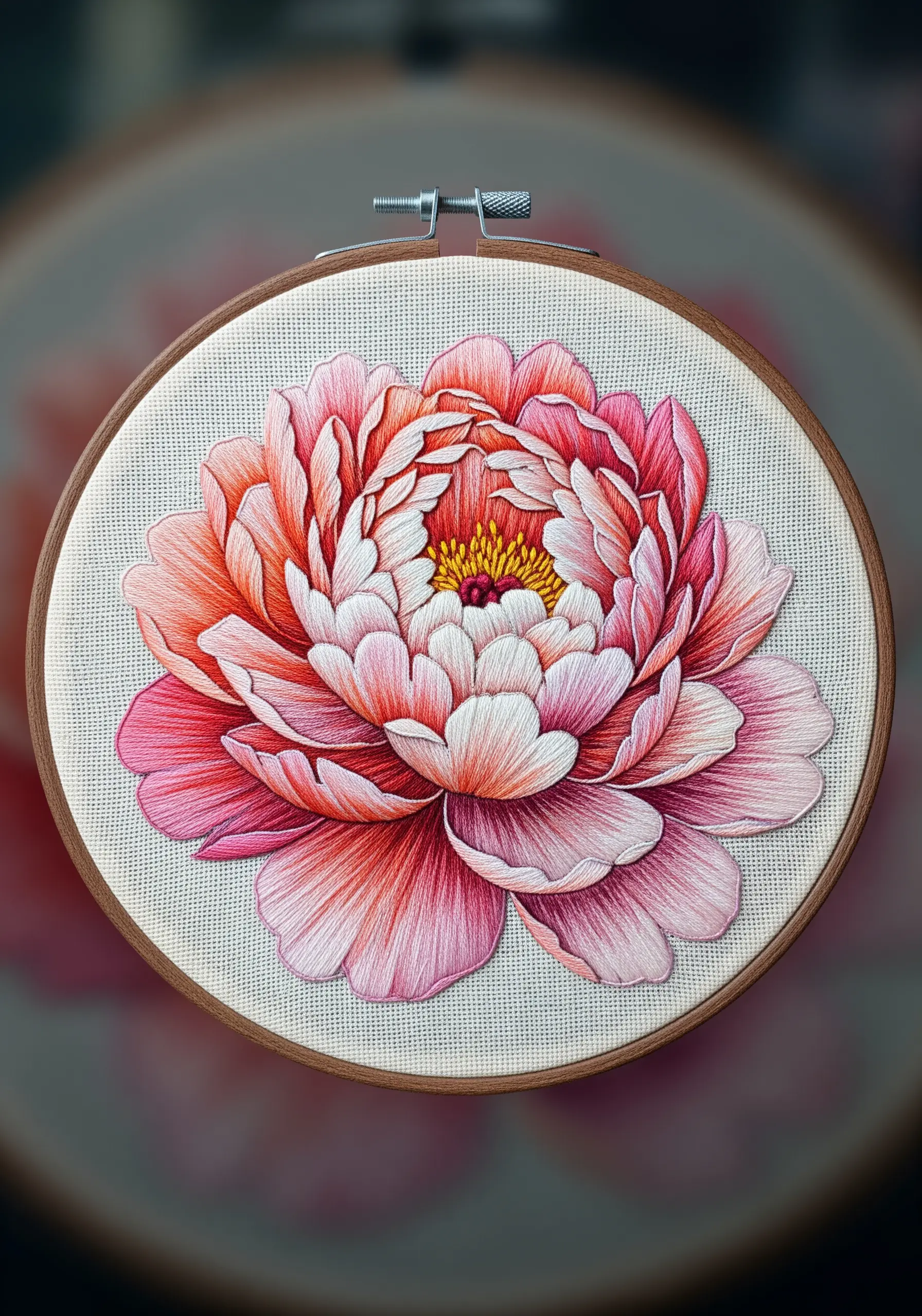 An exceptionally detailed thread-painted peony with intricate pink and coral petal shading.