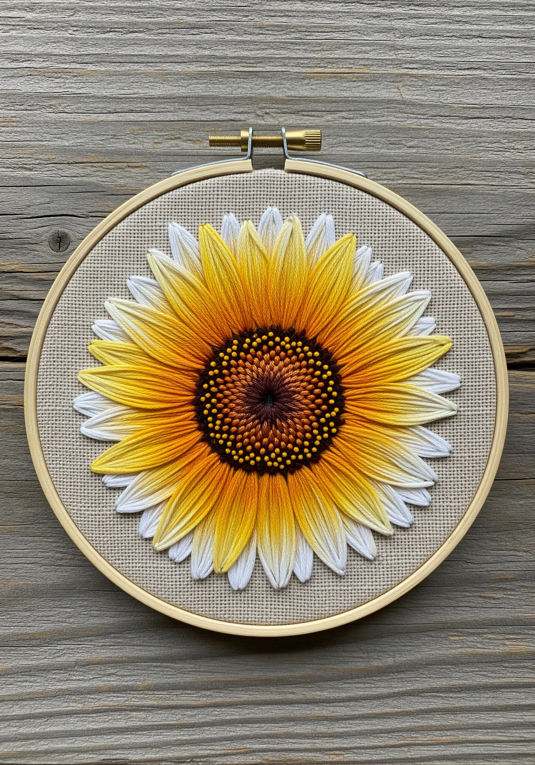 Close-up of a sunflower with photorealistic white, yellow, and orange petal gradients.