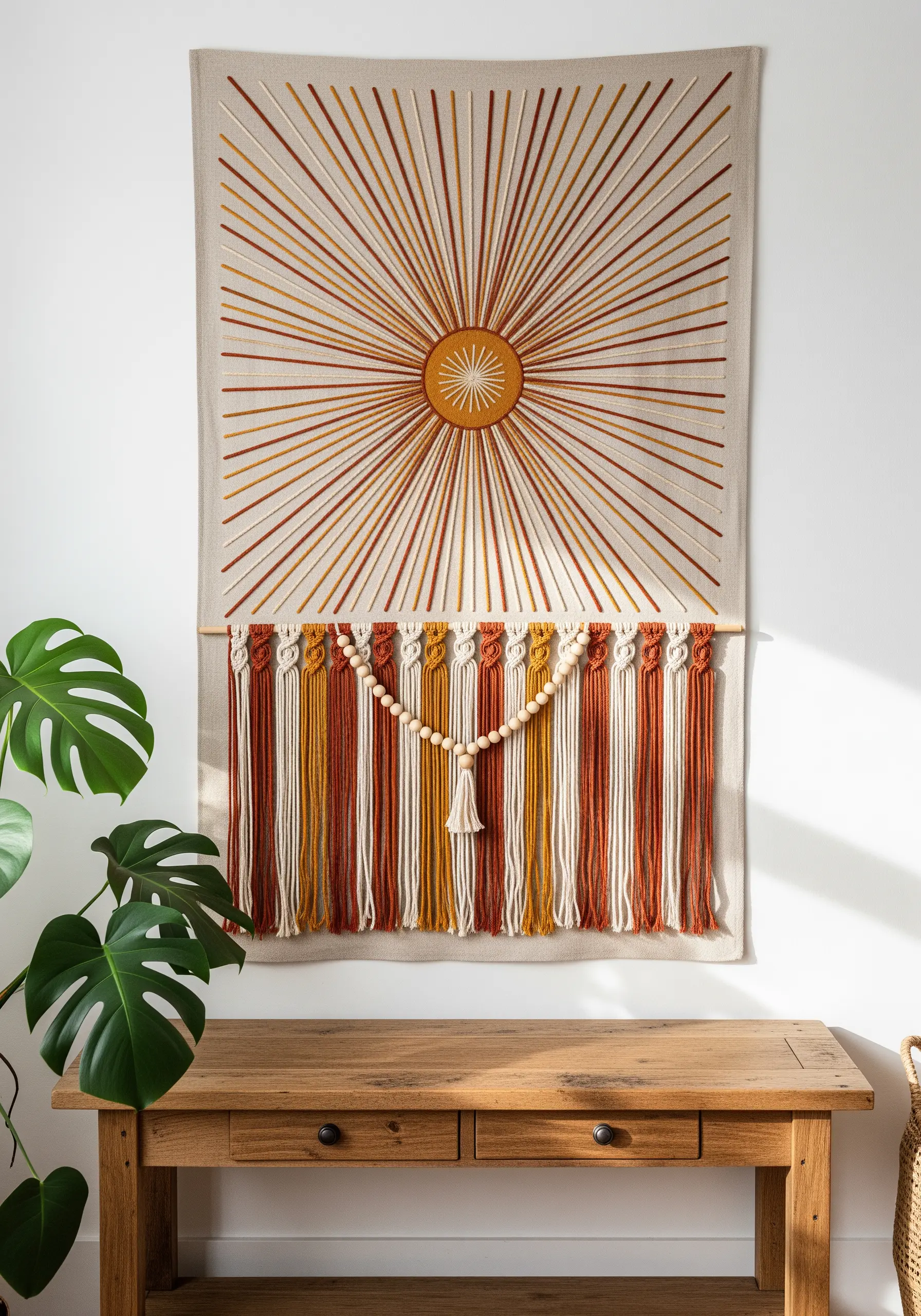 A large sunburst embroidery tapestry with a macrame fringe in warm earth tones.