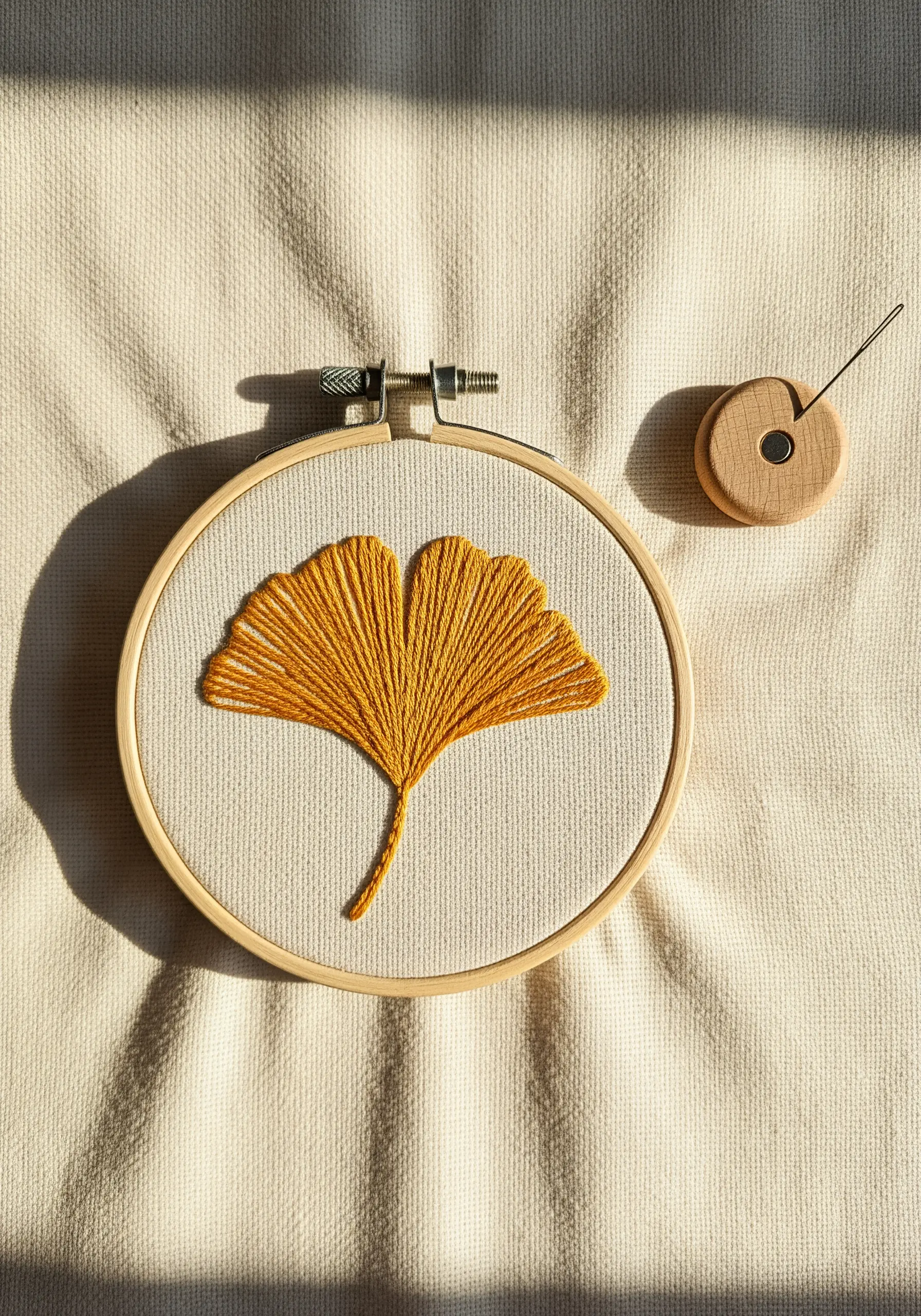 Minimalist ginkgo leaf in golden yellow thread, stitched with a radiating satin stitch.